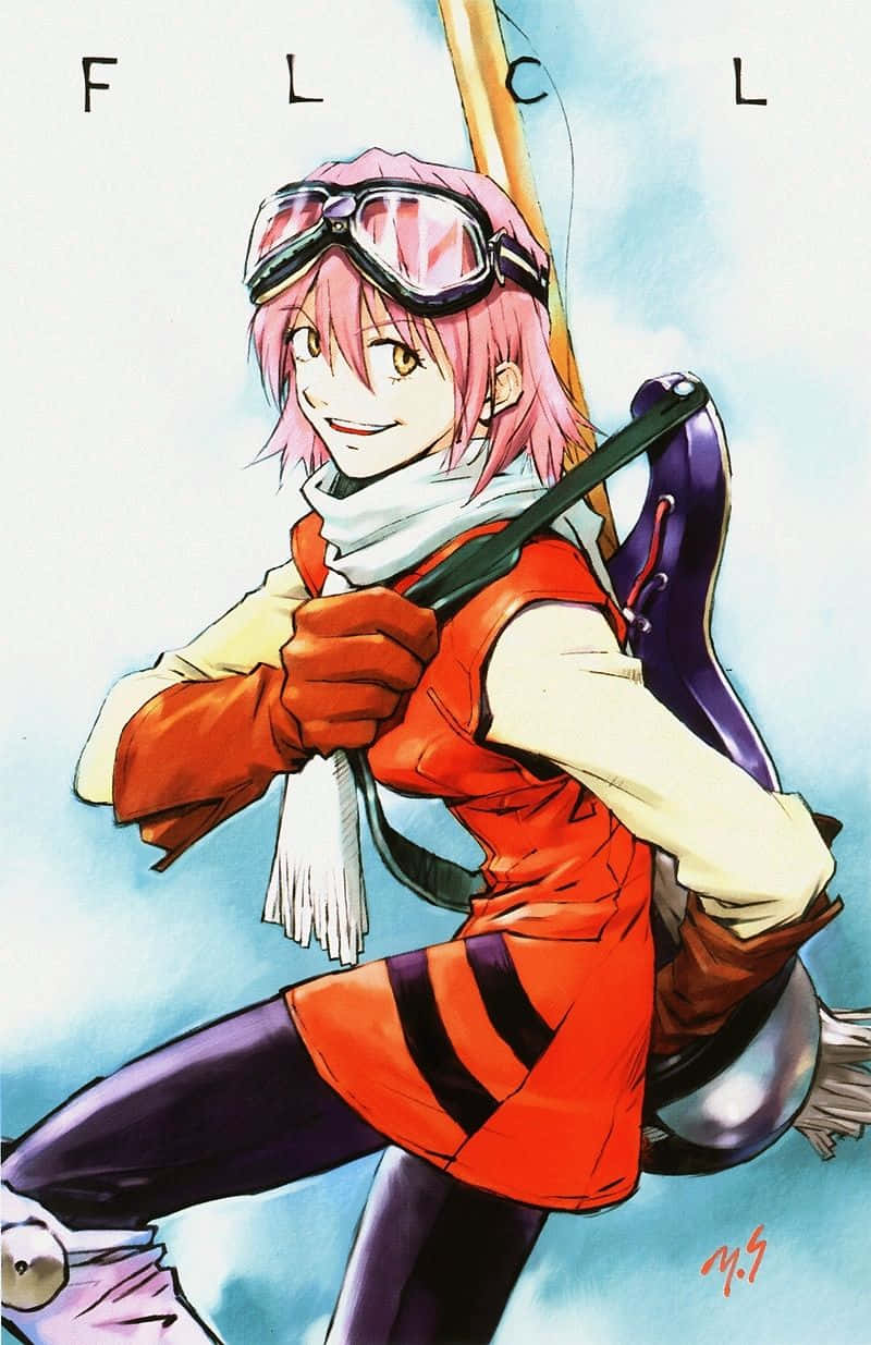 Flcl 桌布 壁紙 — 一個開心的粉紅髮動漫女孩，戴著護目鏡和橙色服裝，在淺藍色天空背景下握著棒球棍。