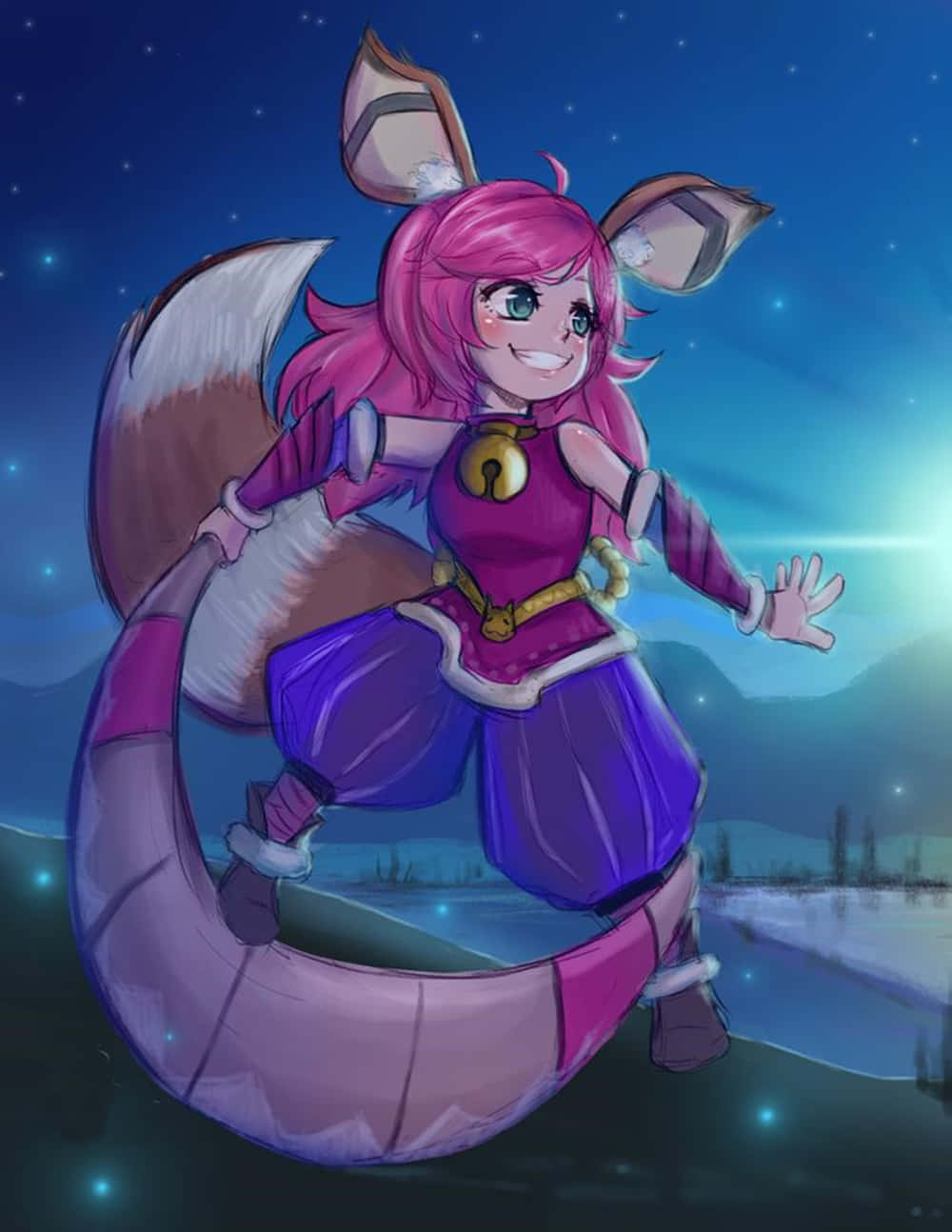 Mobile Legends 動態圖 桌布 壁紙 — 一個開心的粉紅髮狐狸女孩，長尾巴，在閃爍的星空下，於發光景觀上歡快地跳躍。