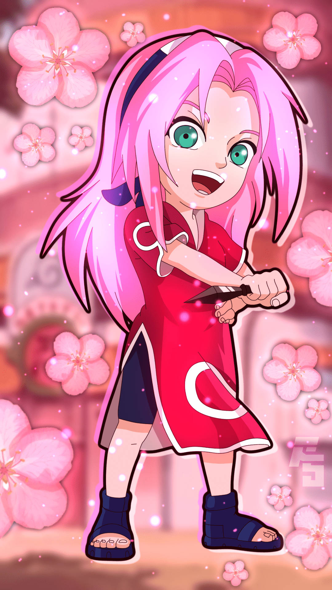 Sakura Haruno 桌布 壁紙 — 一個開心的粉紅髮綠眼Q版動漫女孩在飄落的櫻花中揮舞著苦無刀。