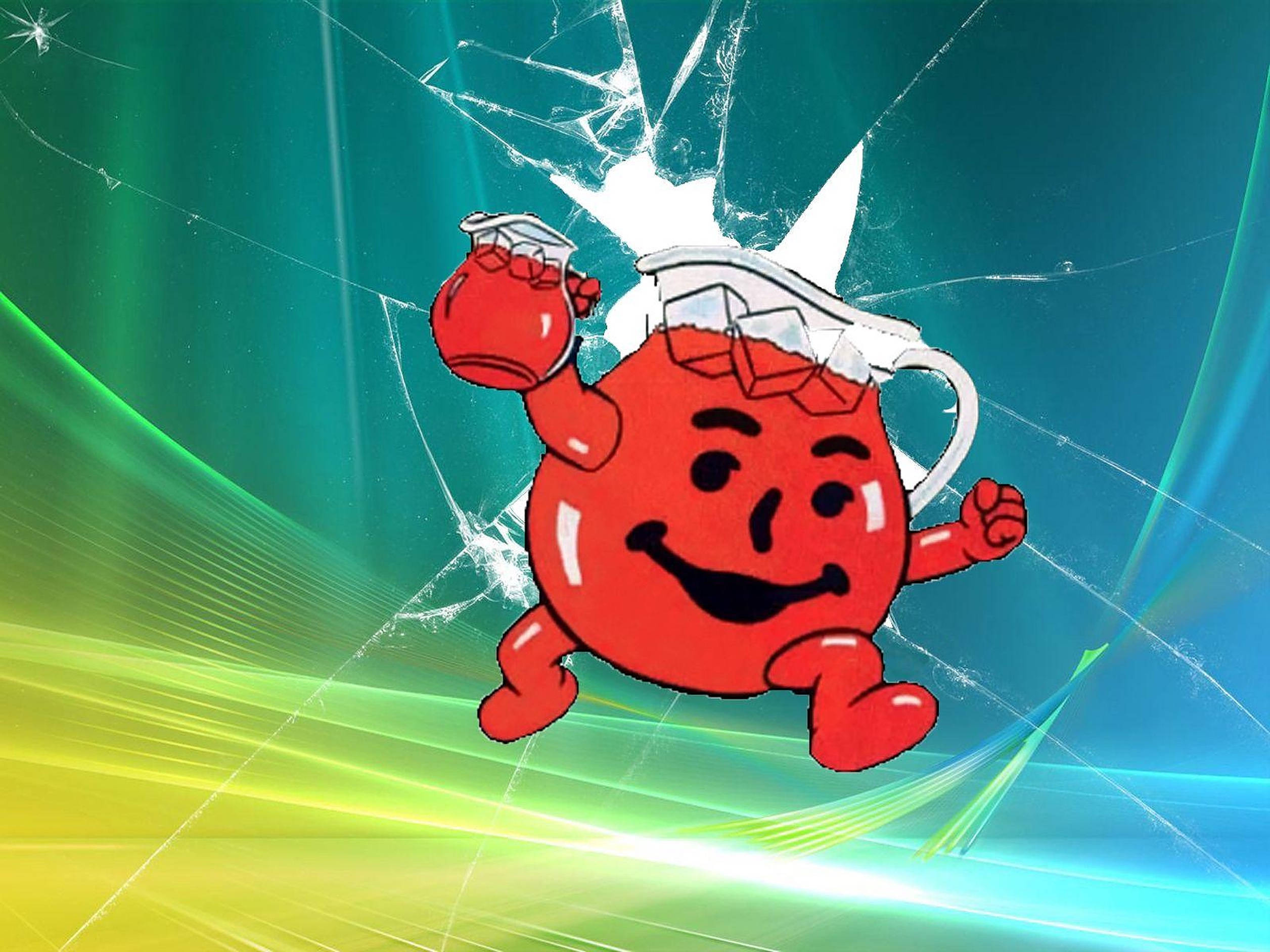 Kool Aid Man 桌布 壁紙 — 一個開心的紅色Kool-Aid Man衝破碎裂的玻璃螢幕，背景是充滿活力的綠色、藍色和黃色光條。