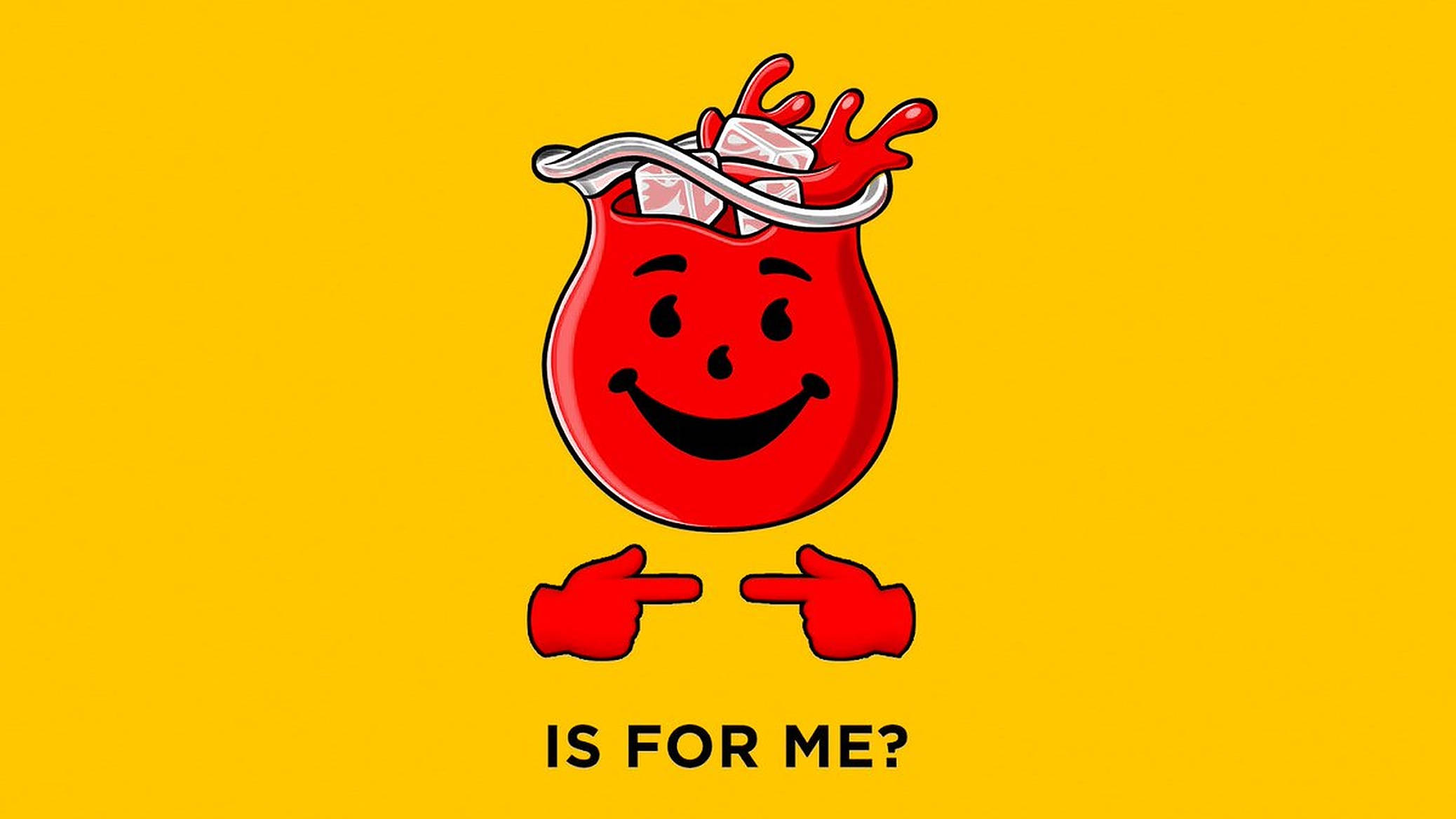Kool Aid Man 桌布 壁紙 — 一個開心的紅色Kool-Aid吉祥物，帶著冰塊和吸管，指著下方問「是給我的嗎？」的文字，背景是明亮的黃色。