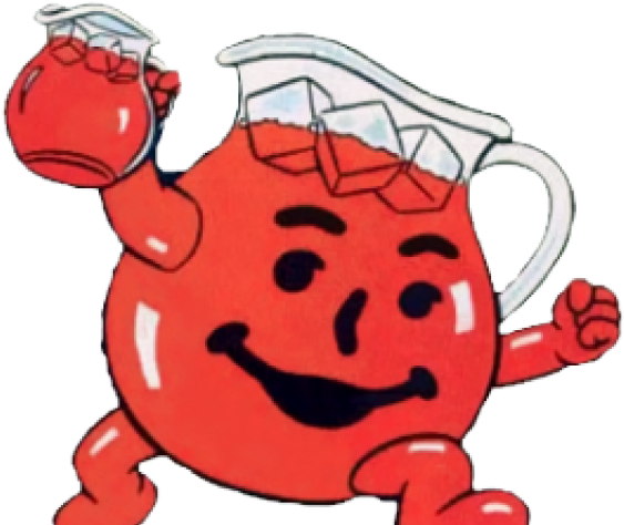 Kool Aid 小幫手 桌布 壁紙 — 一個開心的紅色卡通水壺，有臉和手臂，裝滿冰塊和一杯潘趣酒。