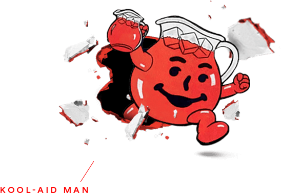 Kool Aid 小幫手 桌布 壁紙 — 一個開心的紅色卡通水壺以動態動作衝破碎裂的白色牆壁。