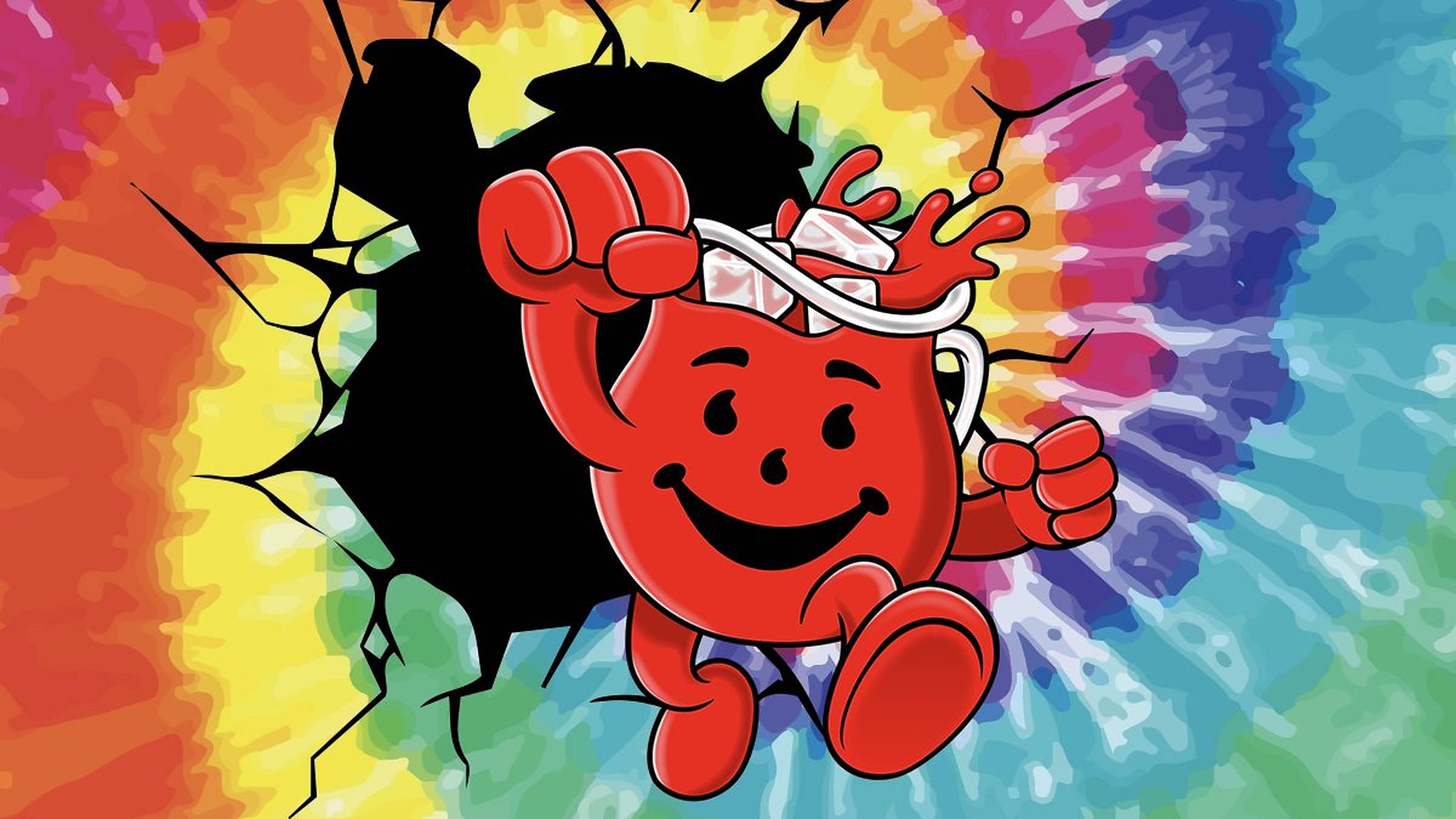 Kool Aid 小幫手 桌布 壁紙 — 一個開心的紅色卡通角色在充滿活力的紮染背景下衝破裂牆。