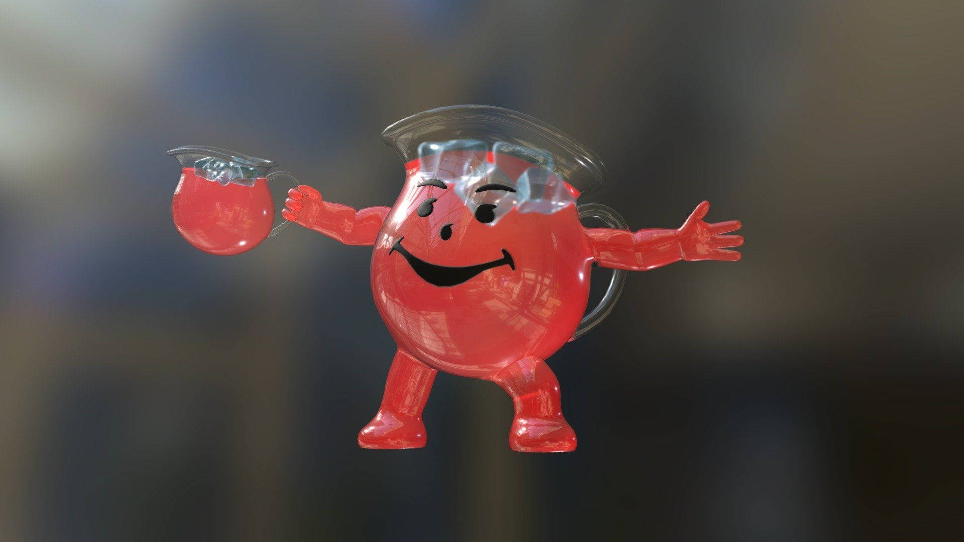 Kool Aid Man 桌布 壁紙 — 一個開心的紅色塑膠壺角色，面帶微笑，雙臂張開，漂浮在模糊的背景上。