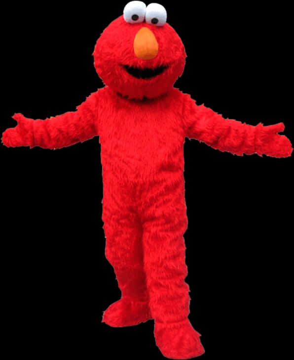 Elmo 桌布 壁紙 — 一個開心的紅色毛絨 Elmo 吉祥物張開雙臂，站在純黑色背景前。