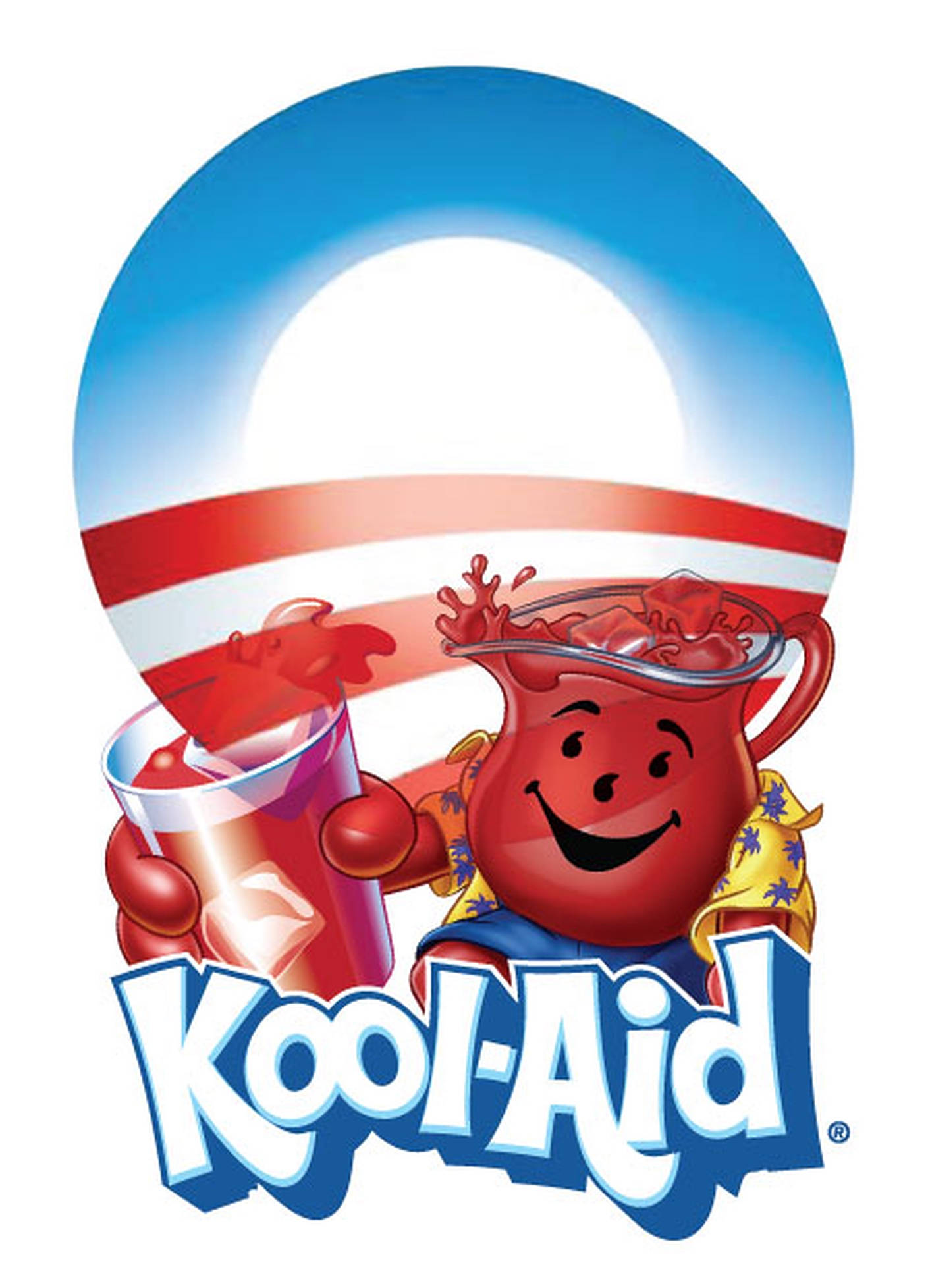 Kool Aid Man 桌布 壁紙 — 一個開心的紅色水壺吉祥物在藍白條紋圓頂下將紅色飲料倒入玻璃杯中，帶有Kool-Aid標誌。