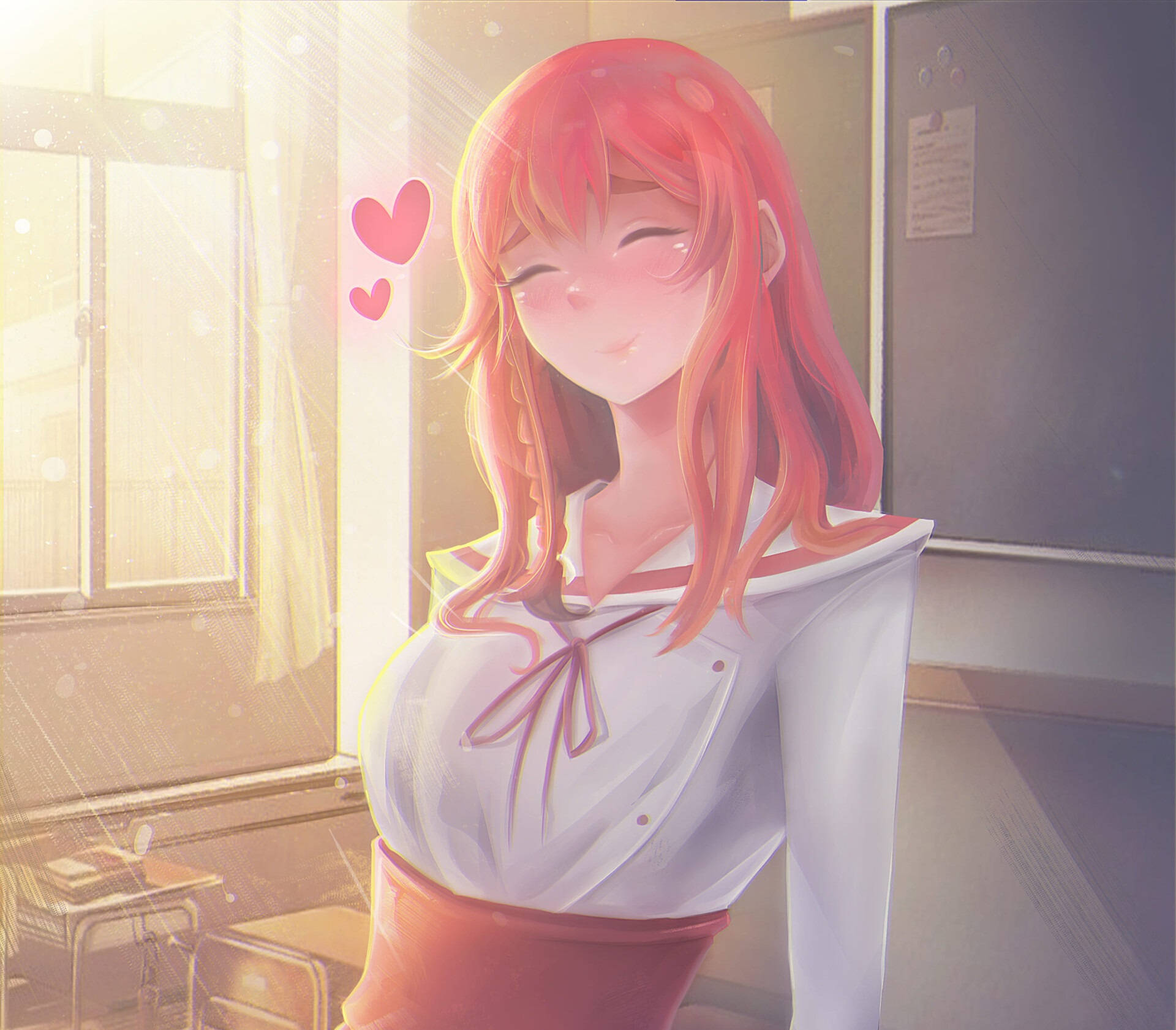 Girlfriend 桌布 壁紙 — 一個開心的紅髮動漫女孩在陽光明媚的教室裡溫柔微笑，心形圖案漂浮在她臉旁。