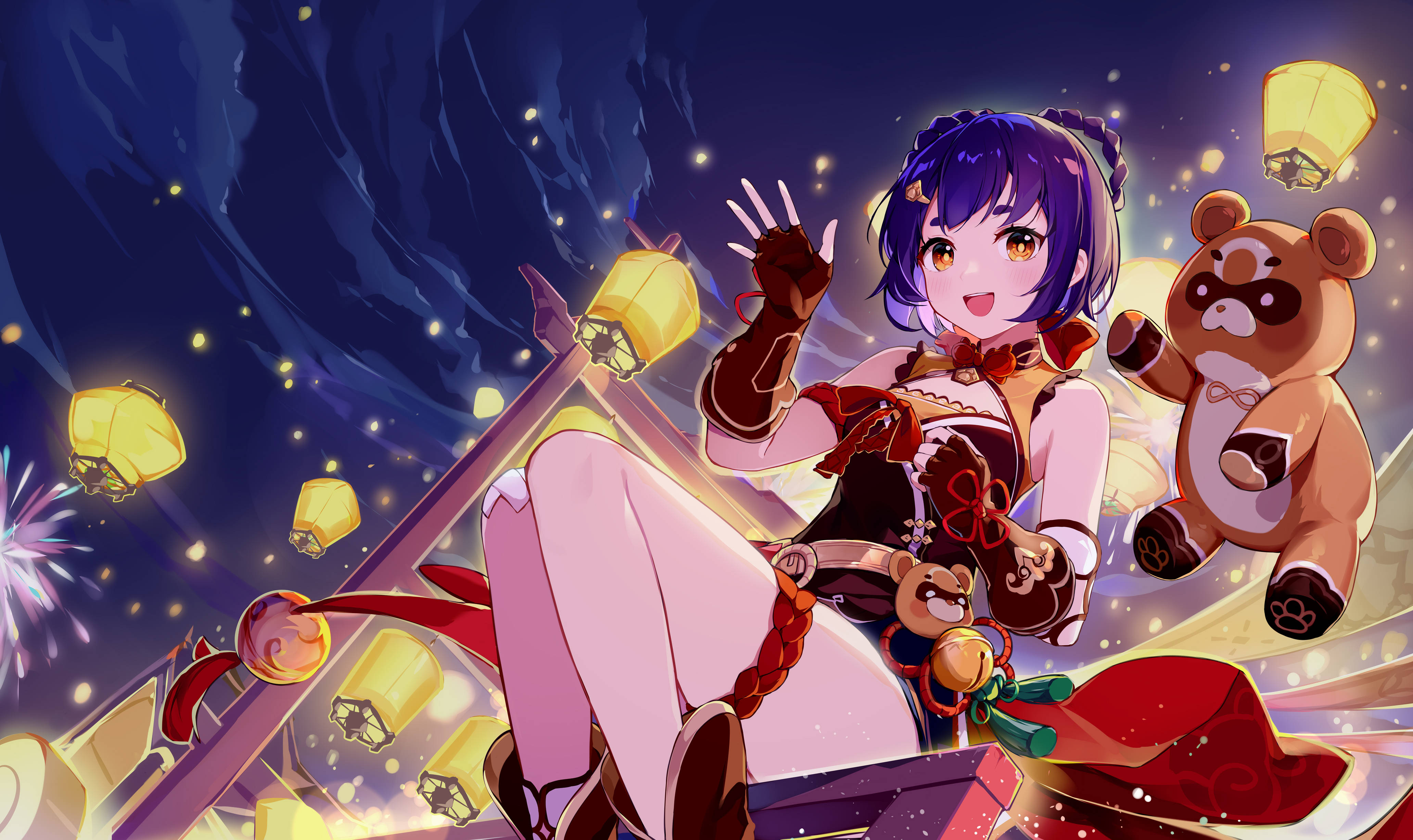 Xiangling 桌布 壁紙 — 一個開心的紫髮動漫女孩在漂浮的泰迪熊旁邊揮手，發光的燈籠在繁星點點的夜空中飄蕩。