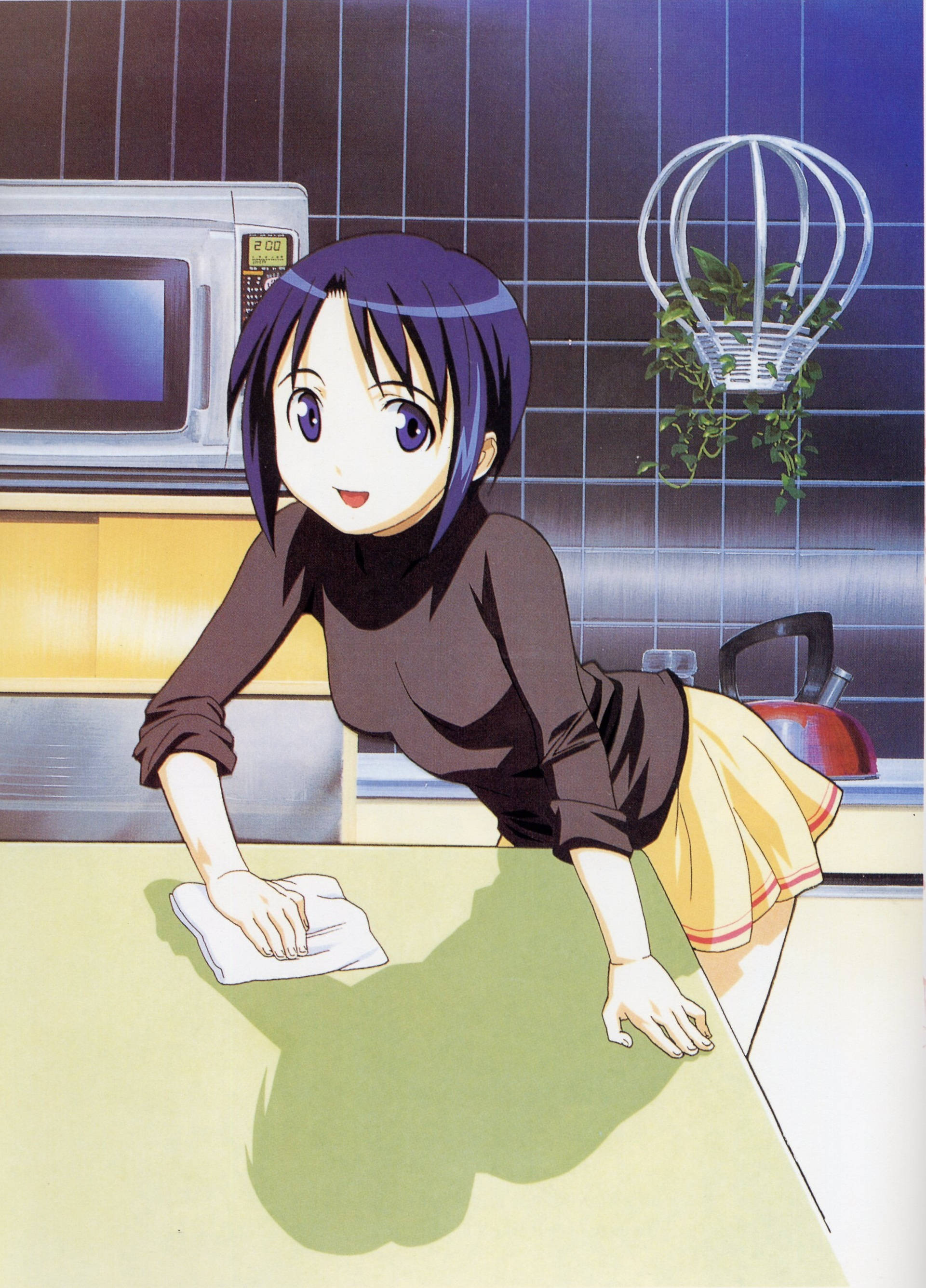 Hina 桌布 壁紙 — 一個開心的紫髮動漫女孩在藍色瓷磚牆和微波爐的廚房裡擦拭綠色檯面。