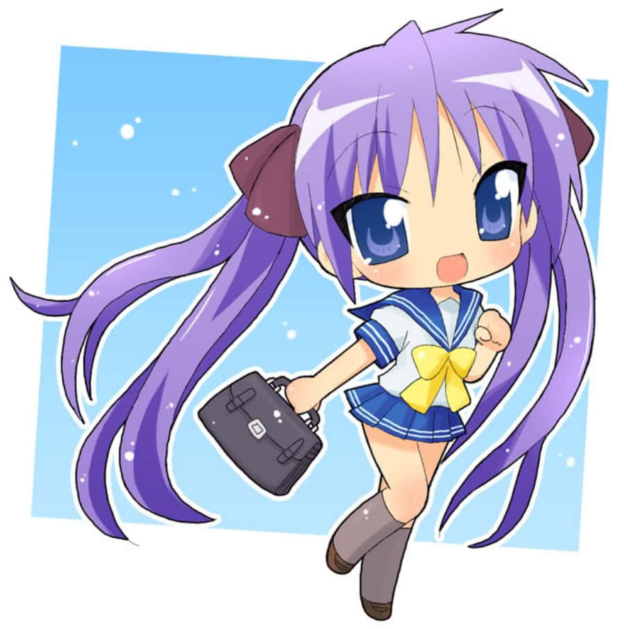 Q版動圖 桌布 壁紙 — 一個開心的紫髮藍眼水手服chibi動漫女孩，在淺藍色背景前拿著公事包。