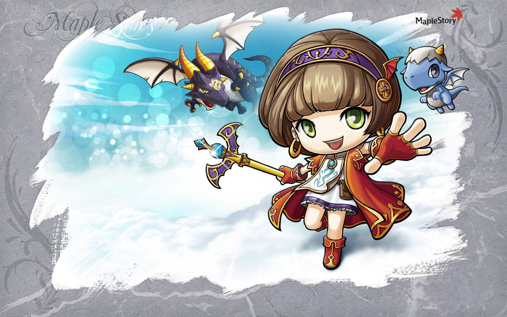 online 桌布 壁紙 — 一個開心的綠眼小蘿莉揮動魔法杖，漂浮在雲上面，身邊有兩條小龍。