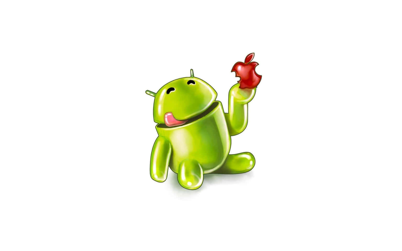 蘋果標誌 桌布 壁紙 — 一個開心的綠色Android吉祥物在純白色背景前高興地舉起一個紅蘋果。