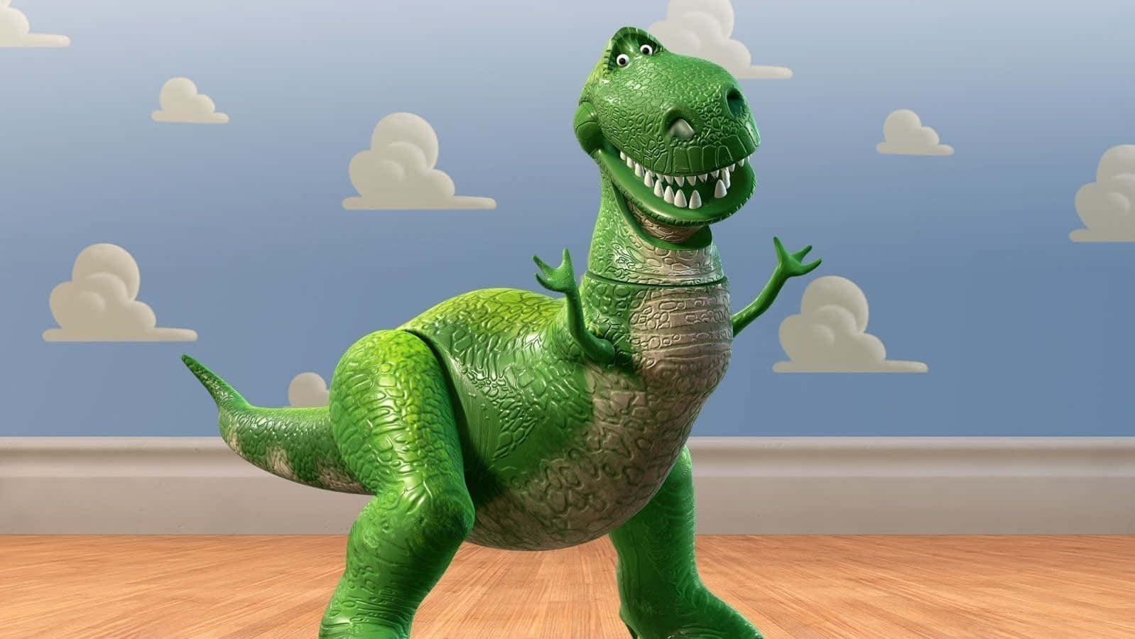綠色動畫T-rex玩具站在木地板上，背景是天空和雲。 — 玩具總動員 GIF 壁紙