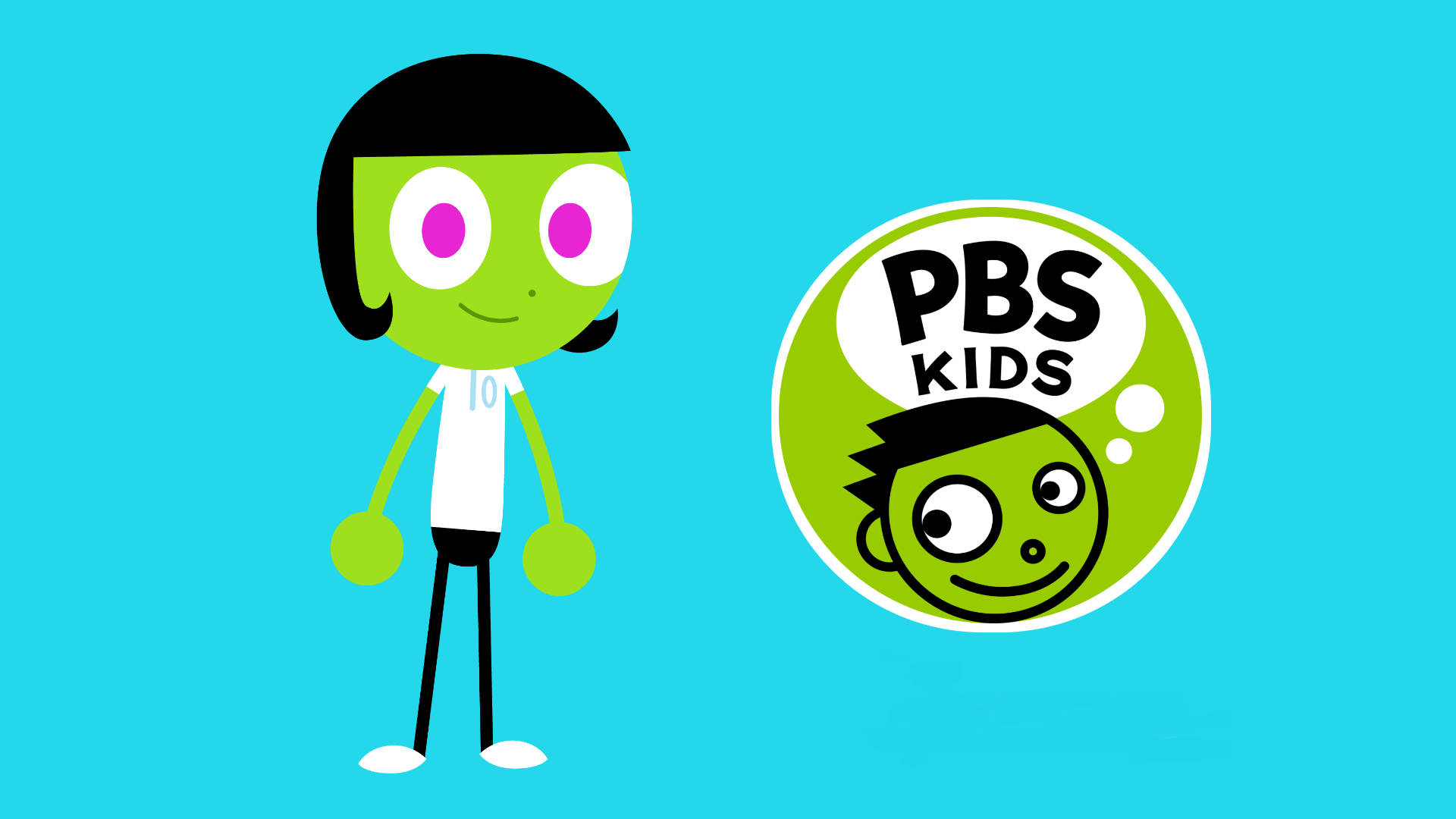 Pbs 桌布 壁紙 — 一個開心的綠色卡通人物站在PBS Kids標誌旁邊，背景是明亮的藍色。