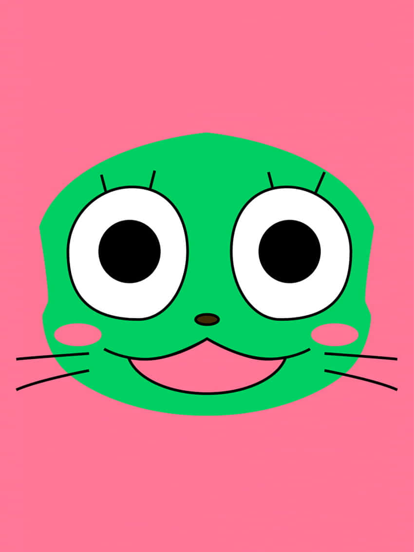 Frosch 桌布 壁紙 — 一個開心的綠色卡通貓臉，有大眼睛和粉紅色臉頰，在純粉紅色背景上微笑。