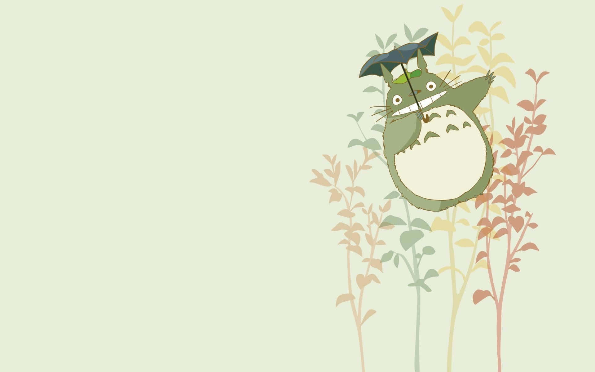 Totoro Aesthetic 桌布 壁紙 — 一個開心的綠色龍貓角色拿著一把小傘，在柔和的薄荷色背景上透過色彩繽紛的秋葉窺視。