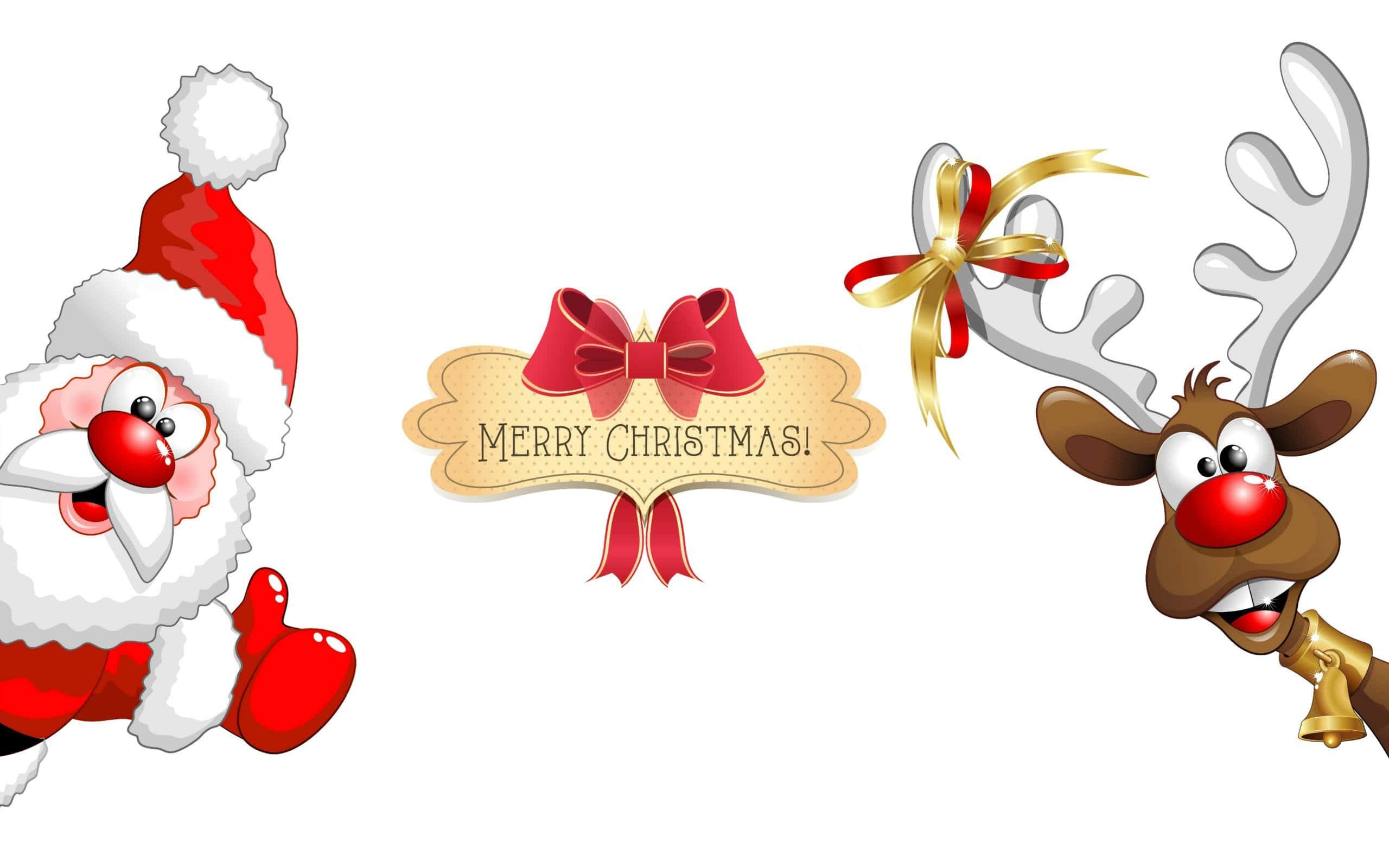 Santa Claus 桌布 壁紙 — 一個開心的聖誕老人和馴鹿在兩旁圍著一個帶有紅色蝴蝶結和金色絲帶的節日「聖誕快樂」標誌。