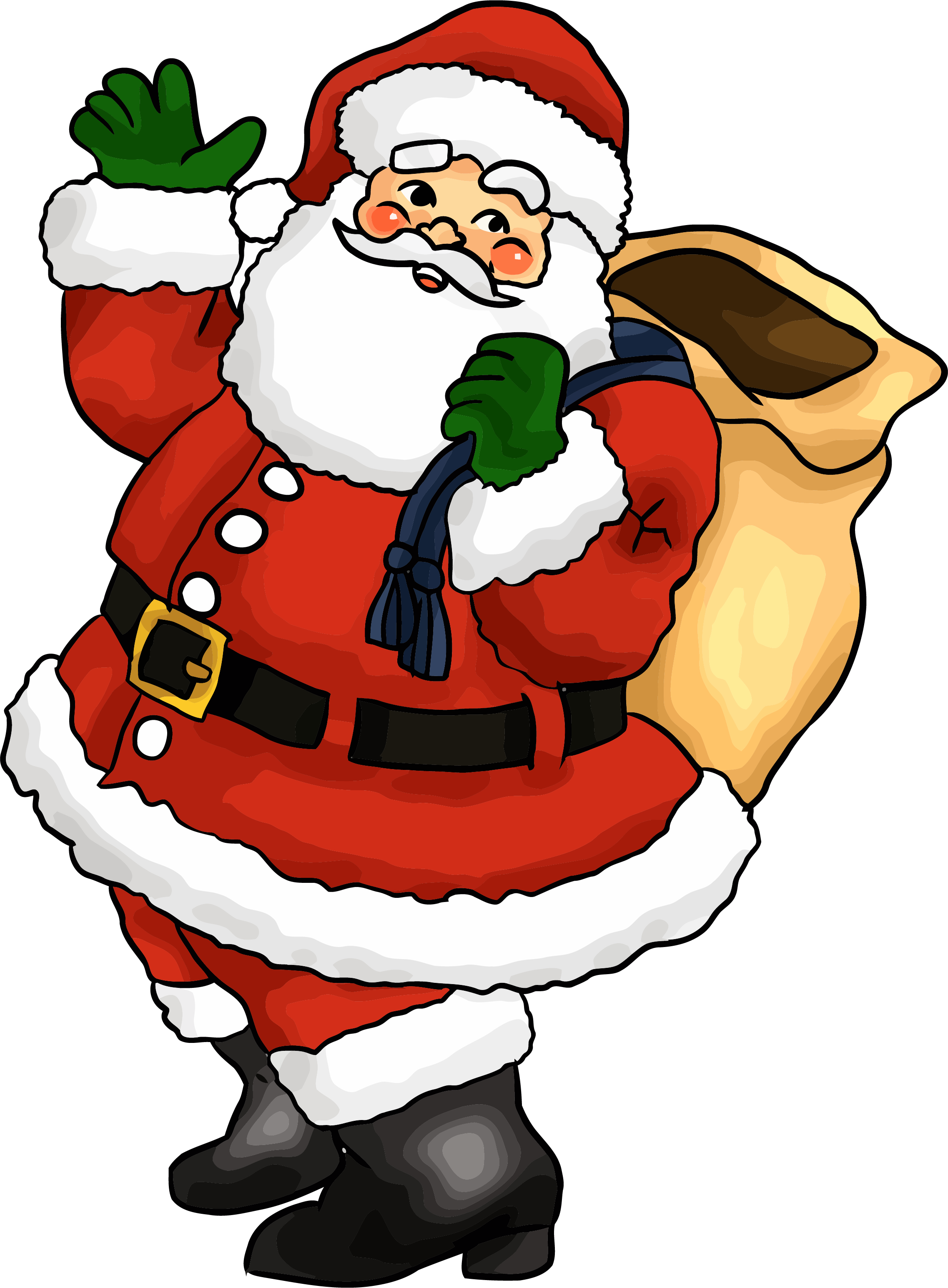聖誕老人 桌布 壁紙 — 一個開心的聖誕老人單手揮舞，肩上扛著一個大袋子。