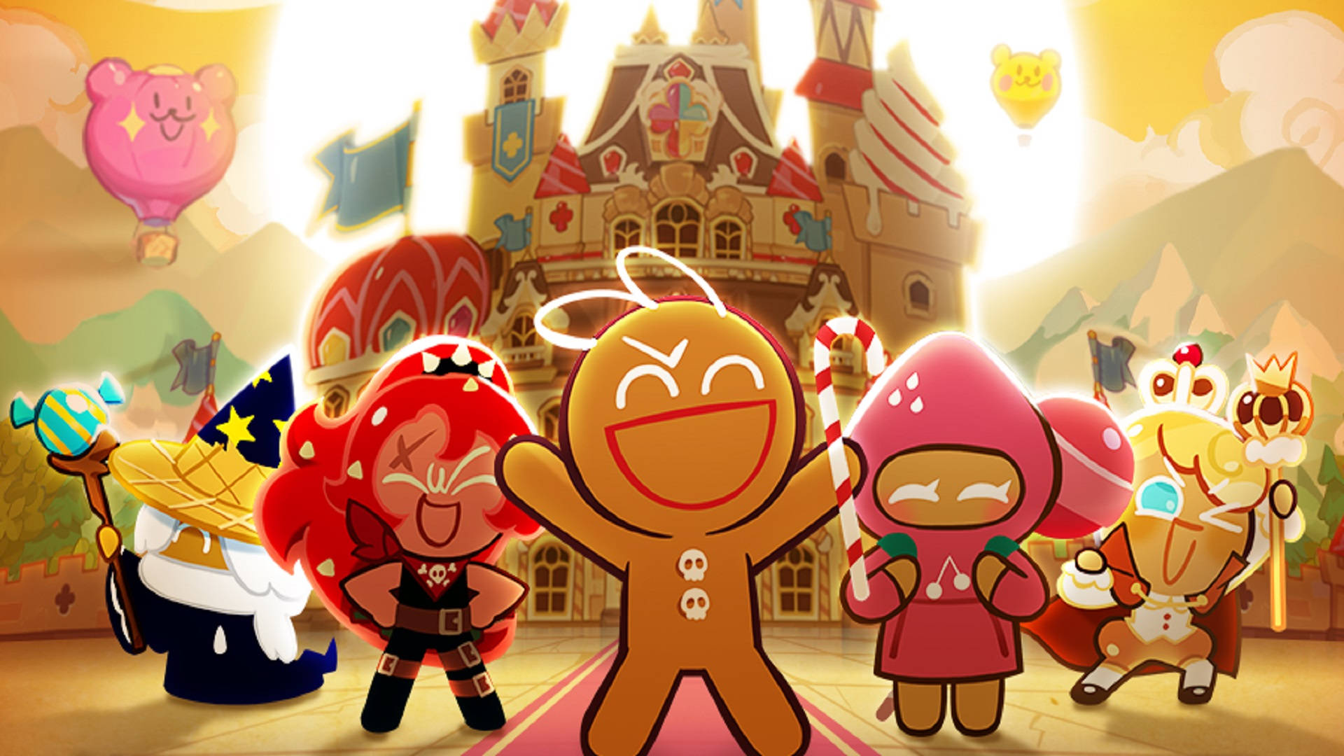 Cookie Run 桌布 壁紙 — 一個開心的薑餅人角色帶領一群色彩繽紛的餅乾主題英雄，在明媚陽光下站在一個夢幻的糖果城堡前。
