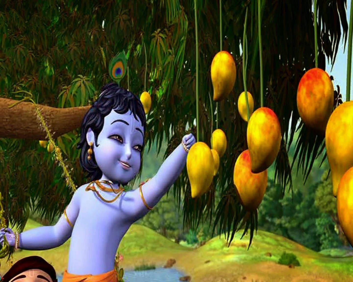 krishna bhagwan 桌布 壁紙 — 一個開心的藍皮膚動畫小孩伸手去摘掛在茂盛綠樹上的成熟芒果，背景是充滿活力的叢林環境。