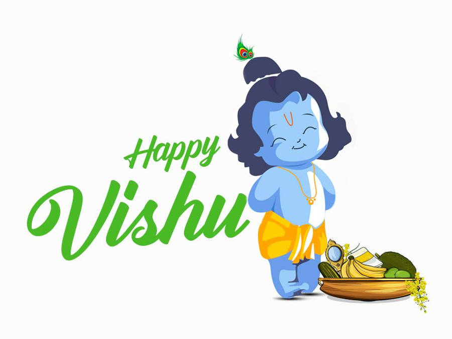 Vishu 桌布 壁紙 — 一個開心的藍皮膚小孩，頭髮上插著孔雀羽毛，微笑地站在一個水果籃旁邊，籃上有綠色字體的「Happy Vishu」。