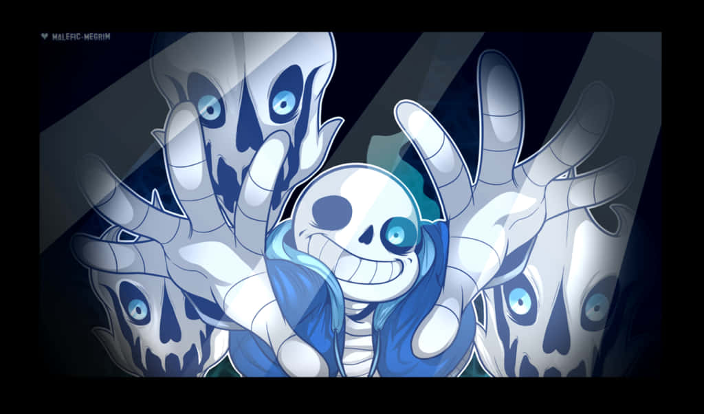 Undertale 桌布 壁紙 — 一個開心的藍皮膚骷髏角色，眼睛發光，在黑暗的動漫場景中被幽靈般的手包圍。