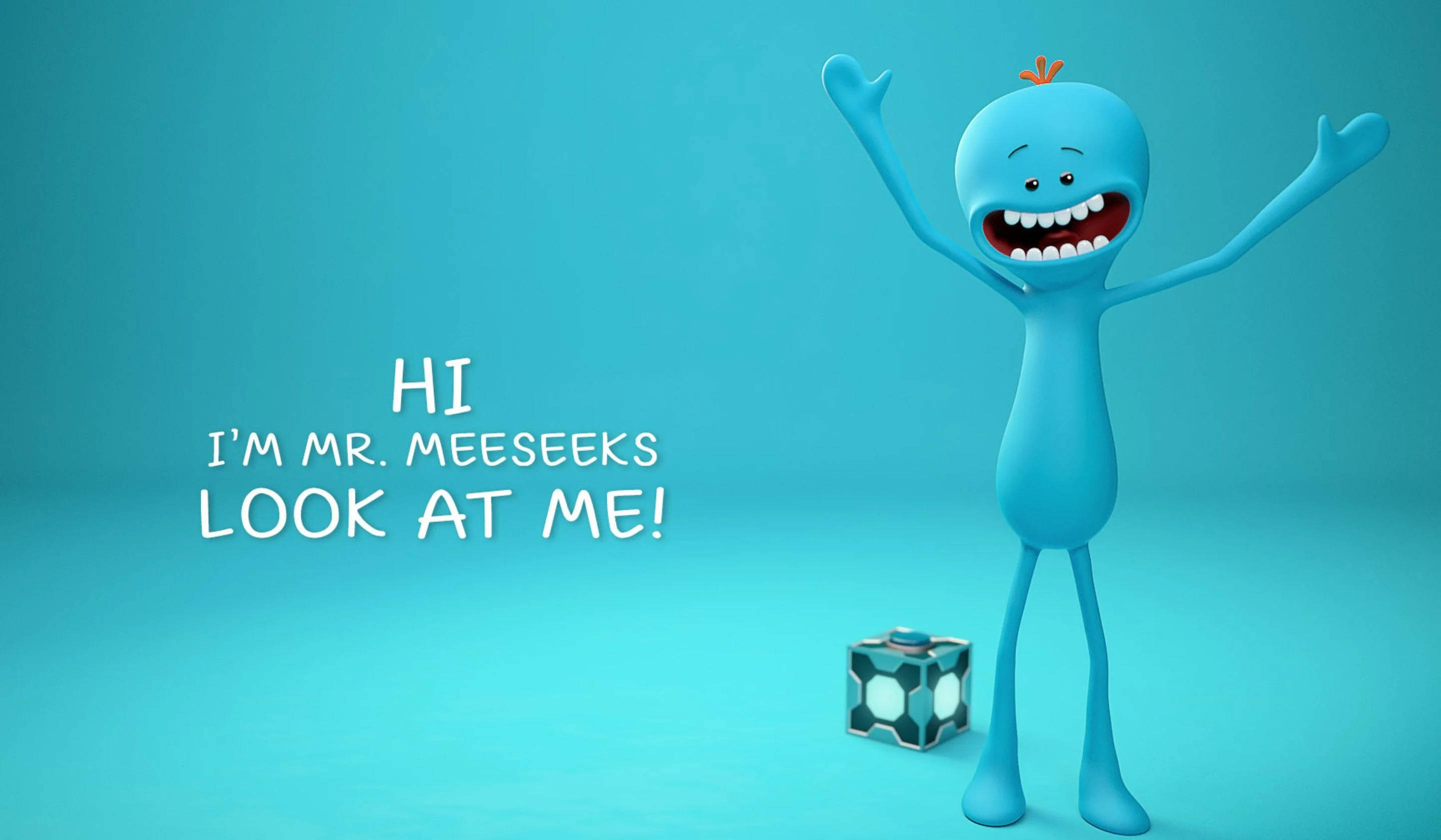 Meeseeks 桌布 壁紙 — 一個開心的藍色動畫角色，舉起雙臂，咧嘴大笑，站在一個立方體旁邊，背景是純青色。