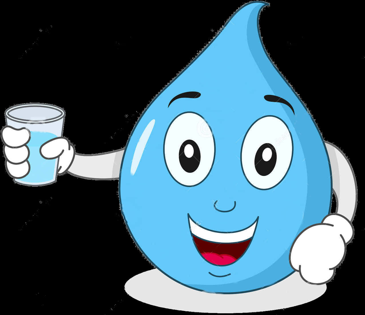 Water Droplet 桌布 壁紙 — 一個開心的藍色卡通水滴吉祥物在黑色背景前微笑著，手持一杯水。