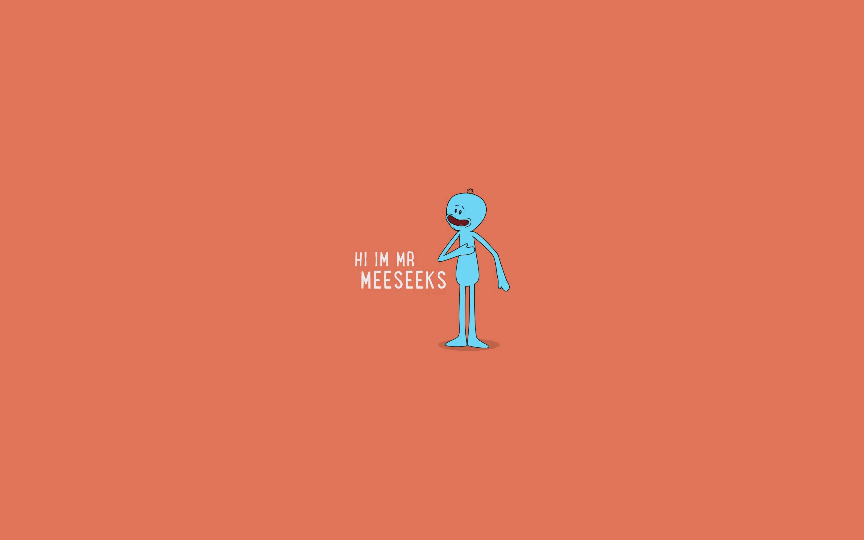 Meeseeks 桌布 壁紙 — 一個開心的藍色卡通角色，咧嘴大笑，獨自站在純色陶土背景上，自我介紹為 'Mr Meeseeks'。