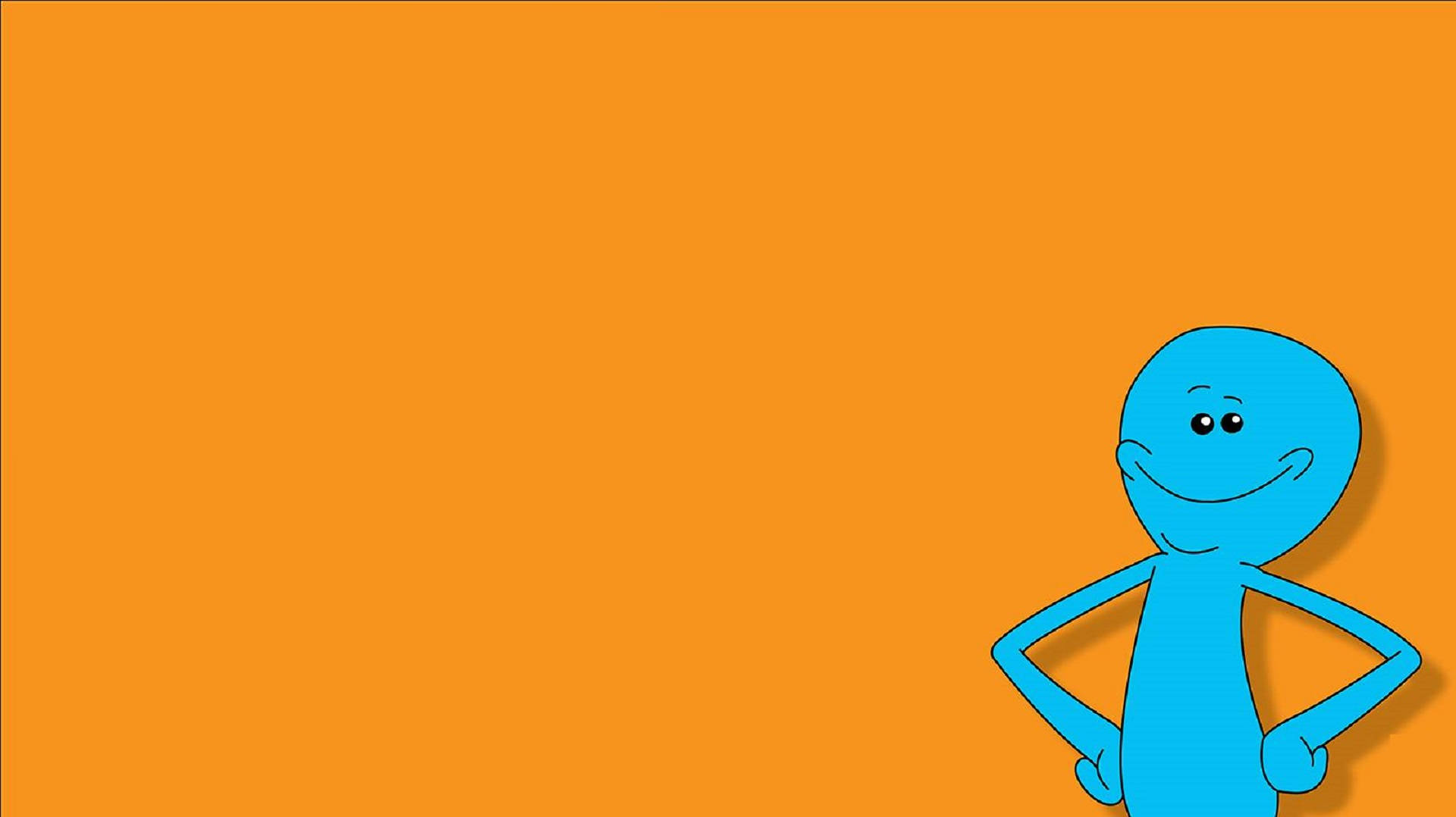 Meeseeks 桌布 壁紙 — 一個開心的藍色卡通角色，帶著燦爛的笑容，自信地站在純橙色背景前。
