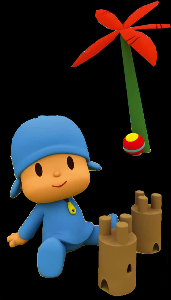 Cartoon Characters 桌布 壁紙 — 一個開心的藍色卡通角色跪在沙堡旁邊，附近漂浮著一條紅絲帶的棕櫚樹和一顆條紋球。