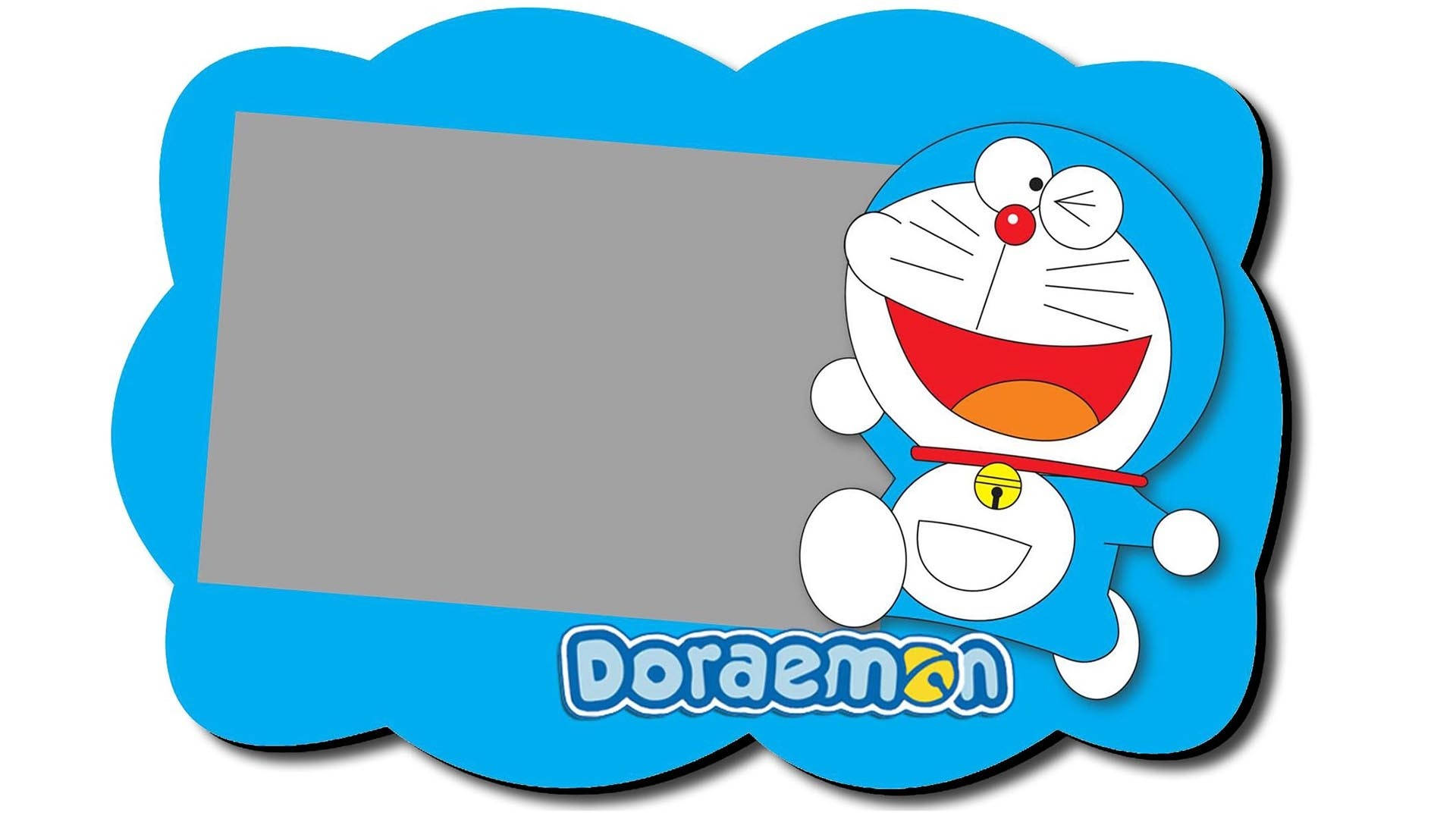Doraemon 桌布 壁紙 — 一個開心的藍色哆啦A夢角色在灰色相框旁邊微笑，背景是雲朵形狀的藍色。