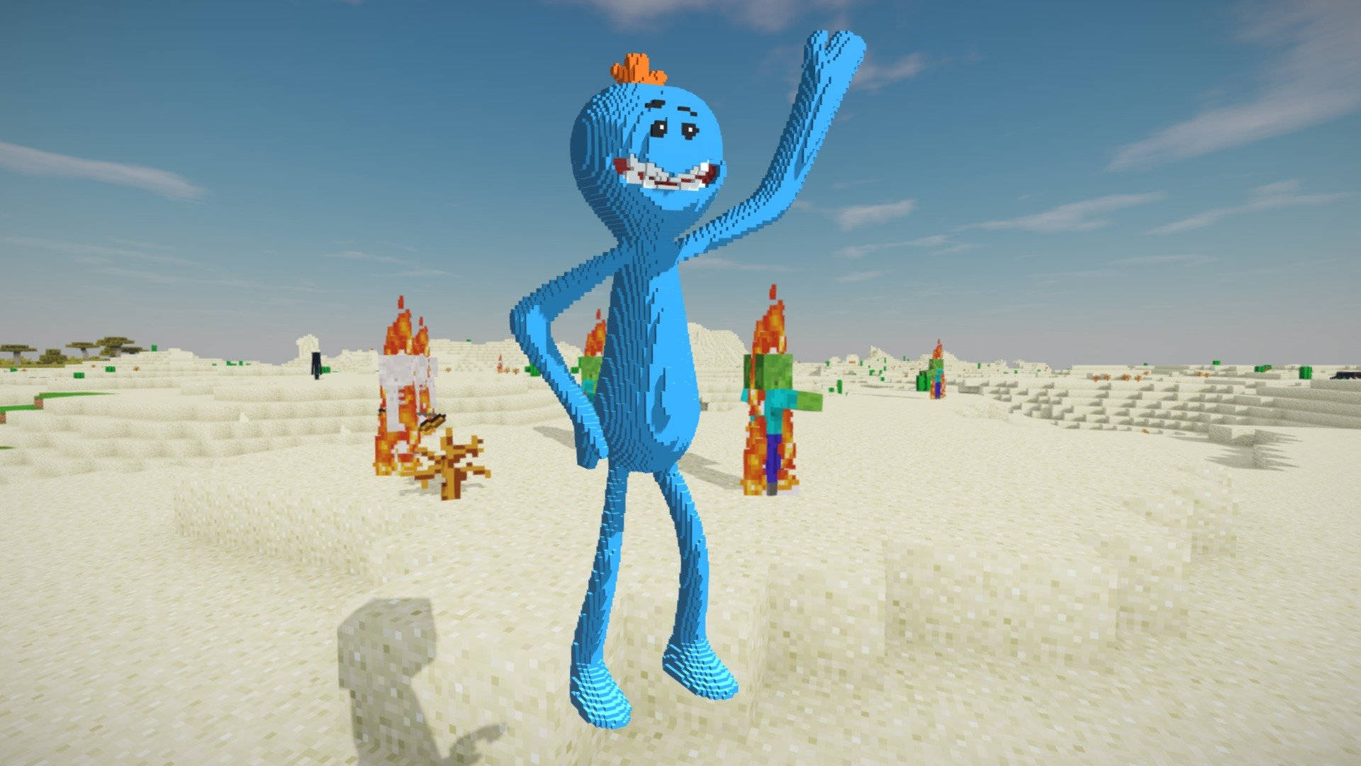 Meeseeks 桌布 壁紙 — 一個開心的藍色方塊角色在沙質Minecraft沙漠中揮手，周圍有像素火焰和遠處的建築物，天空晴朗。