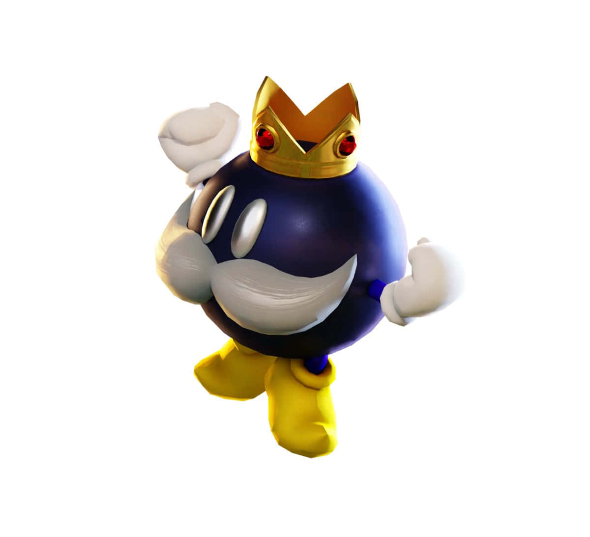 Bob-omb 桌布 壁紙 — 一個開心的藍色球形角色，戴著金色皇冠和黃色靴子，在白色背景前自信地擺姿勢。