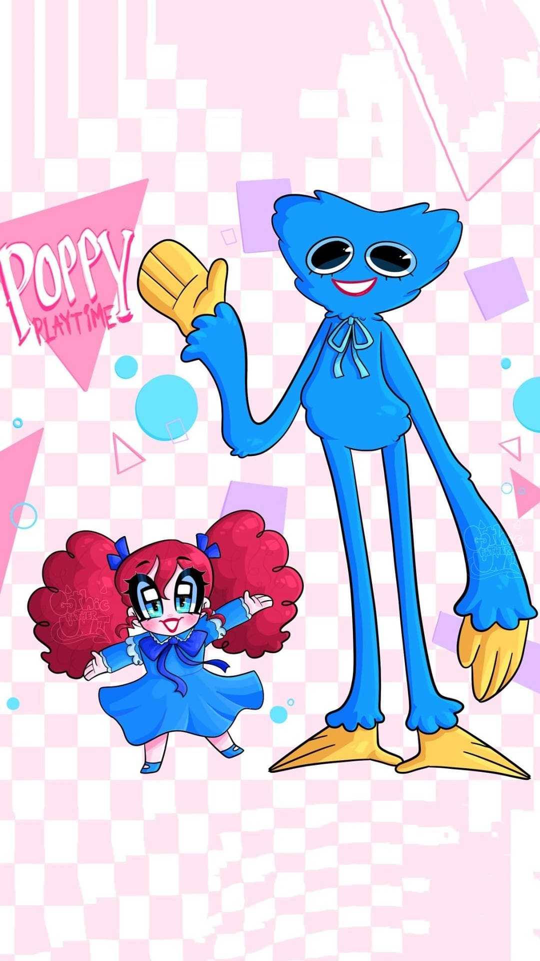 Poppy Playtime 桌布 壁紙 — 一個開心的藍色高個子角色和一個紅髮女孩穿著藍色連衣裙在粉紅色格子背景上揮手，背景有幾何形狀。