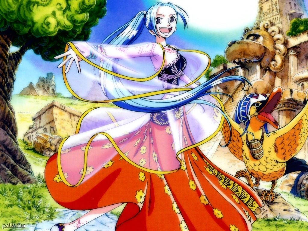 nefertari vivi 桌布 壁紙 — 一個開心的藍髮動漫女孩，穿著飄逸長裙，在古老遺跡旁與一隻像鳥的生物跳舞。