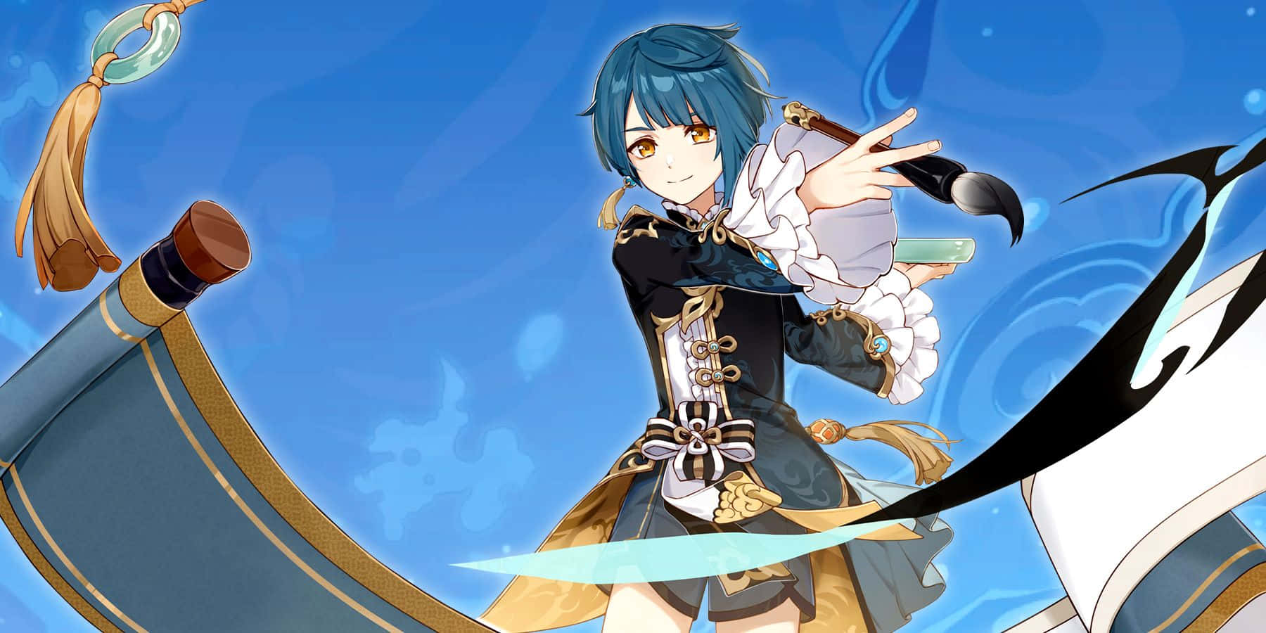 Genshin Impact Xingqiu 桌布 壁紙 — 一個開心的藍髮動漫女孩在旋轉的藍色背景中揮舞著發光的劍。