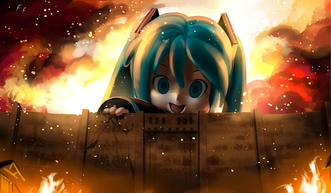 Fire Anime 桌布 壁紙 — 一個開心的藍髮動漫女孩在火紅的日落天空下從木柵欄上探出頭來。