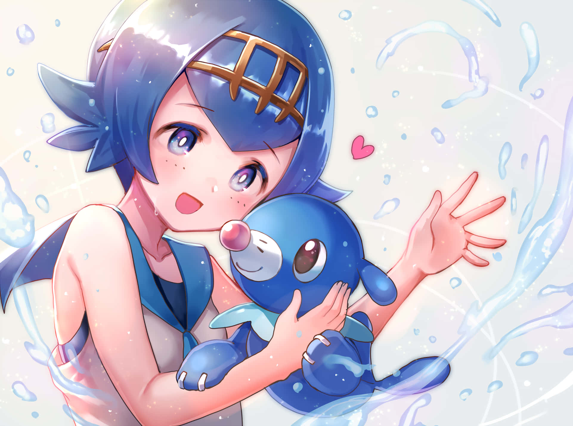 Friendship 桌布 壁紙 — 一個開心的藍髮動漫女孩擁抱一隻藍色水系寶可夢，周圍有閃爍的水滴和愛心。