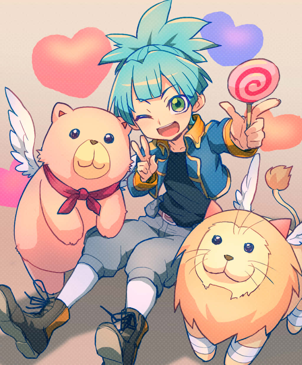 Sora Shiunin 桌布 壁紙 — 一個開心的藍髮動漫男孩拿著棒棒糖，旁邊有帶翅膀的泰迪熊和獅子玩偶，還有漂浮的心形。