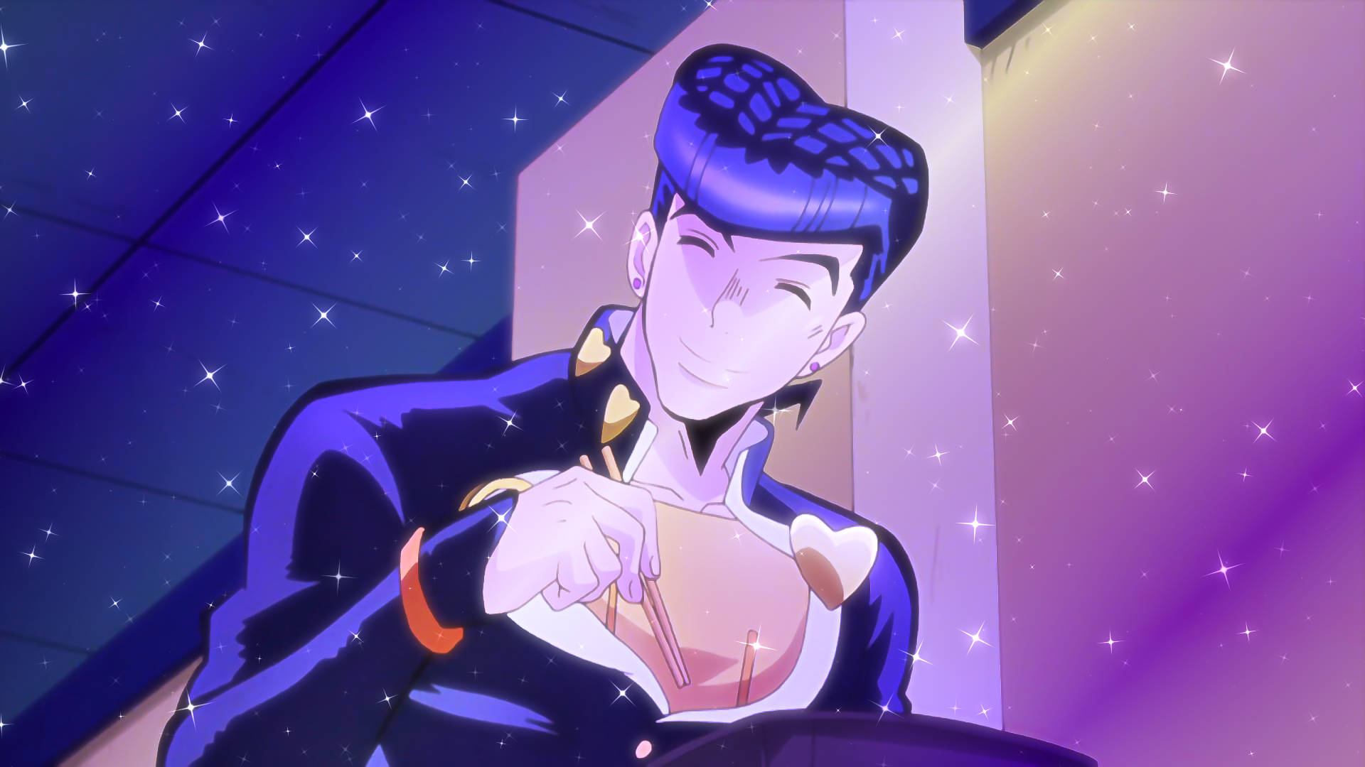 Josuke 桌布 壁紙 — 一個開心的藍髮動漫角色在星空紫藍燈光下微笑著拿著碗。