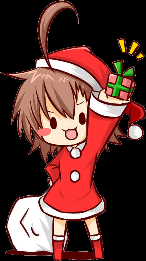 Anime Chibi 桌布 壁紙 — 一個開心的貓尾小蘿莉穿著紅色聖誕老人服裝，舉起一個閃閃發光的包裝禮物。