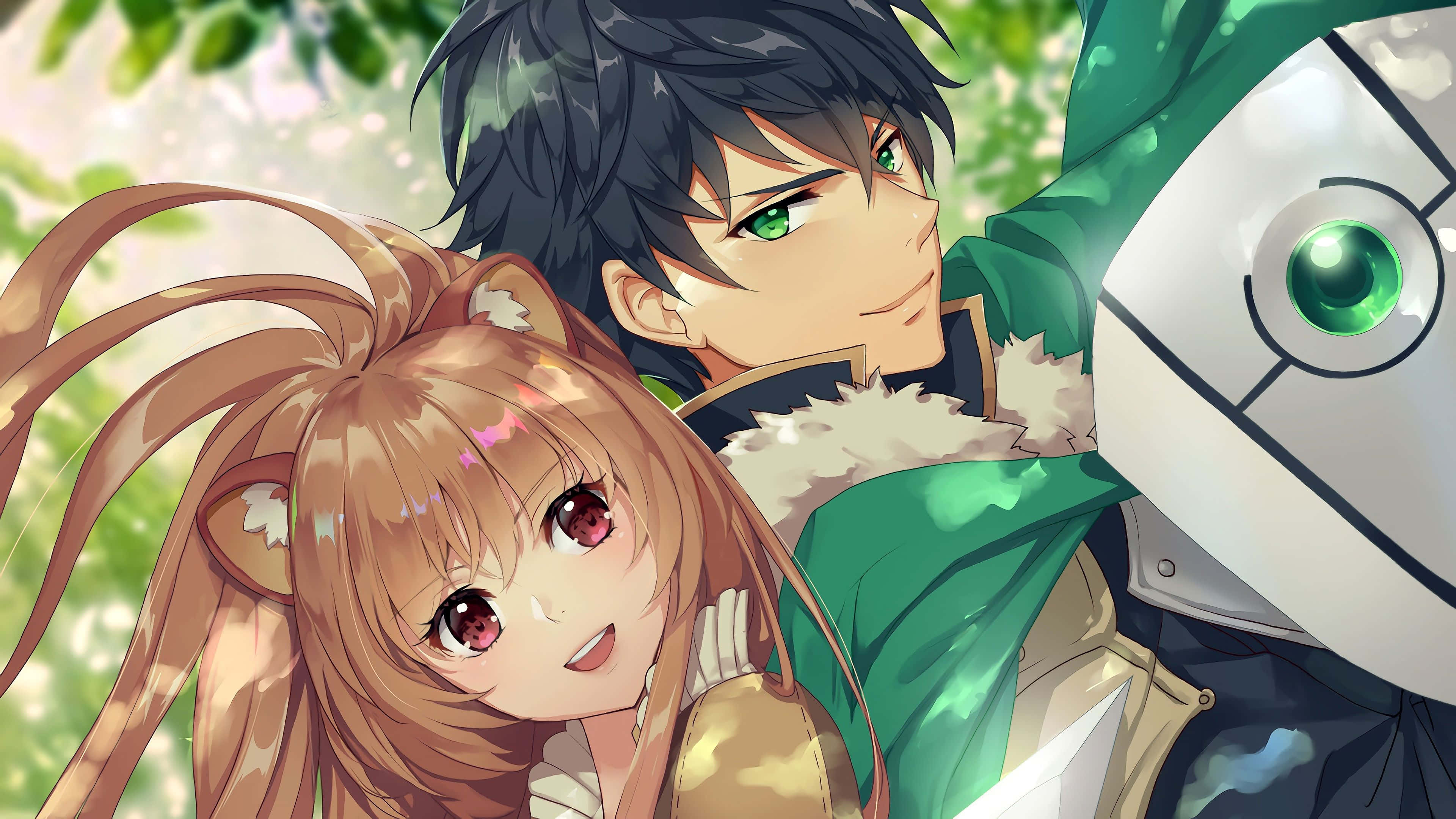 The Rising Of The Shield Hero 桌布 壁紙 — 一個開心的貓耳紅眼動漫女孩，在綠樹成蔭下擁抱一個綠眼男孩和一個機器人同伴。