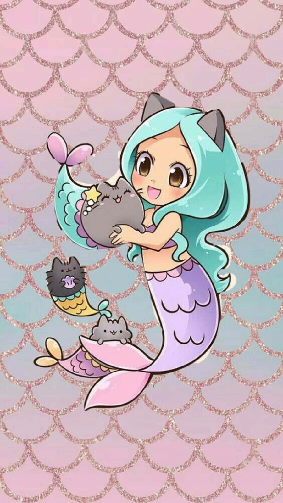Kawaii Mermaid 桌布 壁紙 — 一個開心的貓耳貓尾Q版美人魚抱着一隻灰色貓咪，旁邊有兩隻小貓在閃閃發光的粉藍色鱗片背景上漂浮。