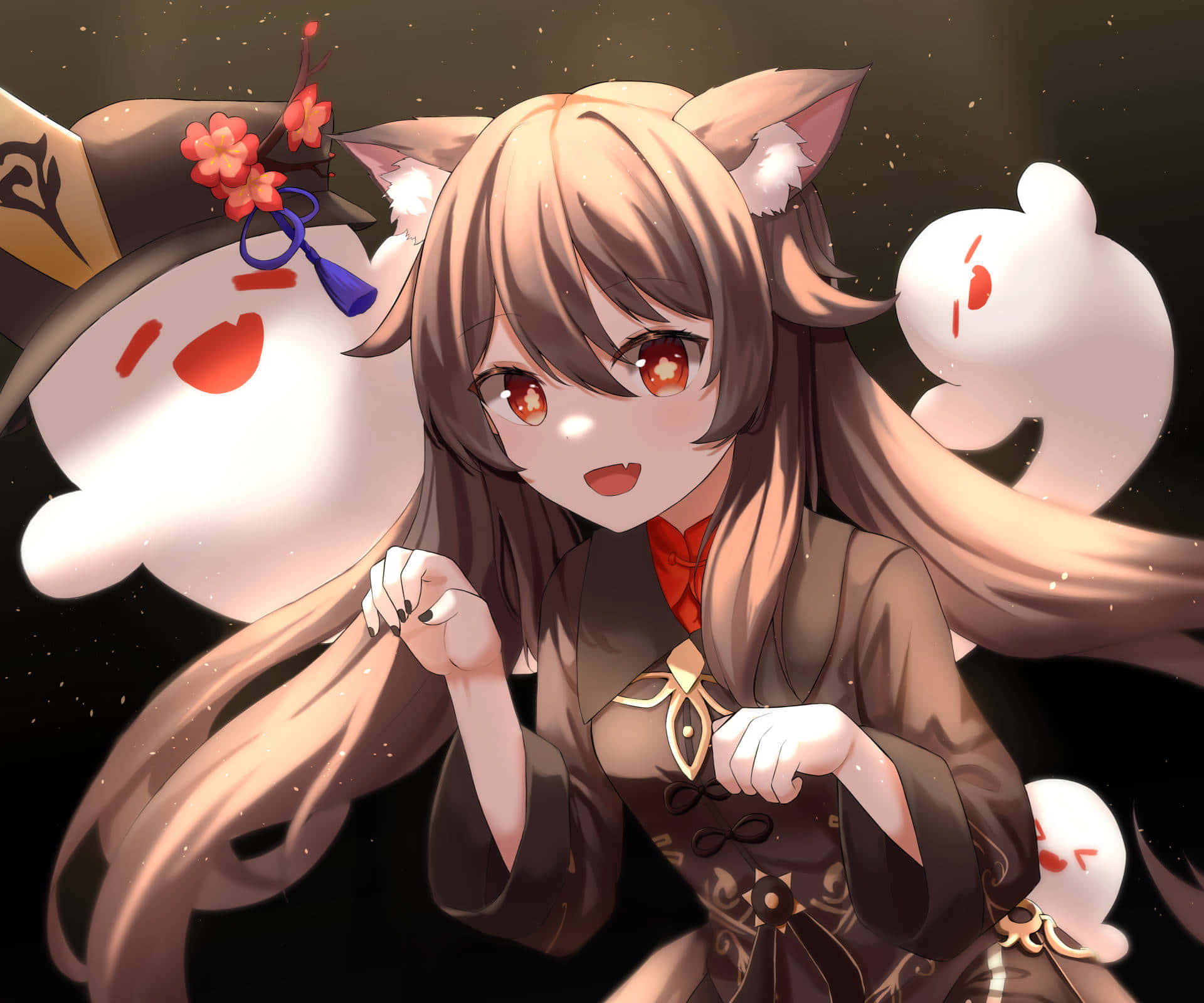Cute Anime Girl 桌布 壁紙 — 一個開心的貓耳長髮動漫女孩，在黑暗星空背景下被發光的白色精靈包圍，微笑著。