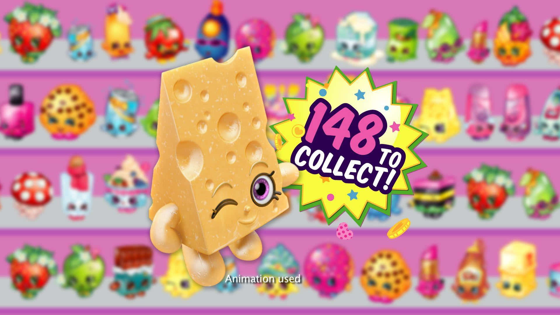 Shopkins 桌布 壁紙 — 一個開心的起司形Shopkin角色在擺滿色彩繽紛收藏玩具公仔的貨架前眨眼。