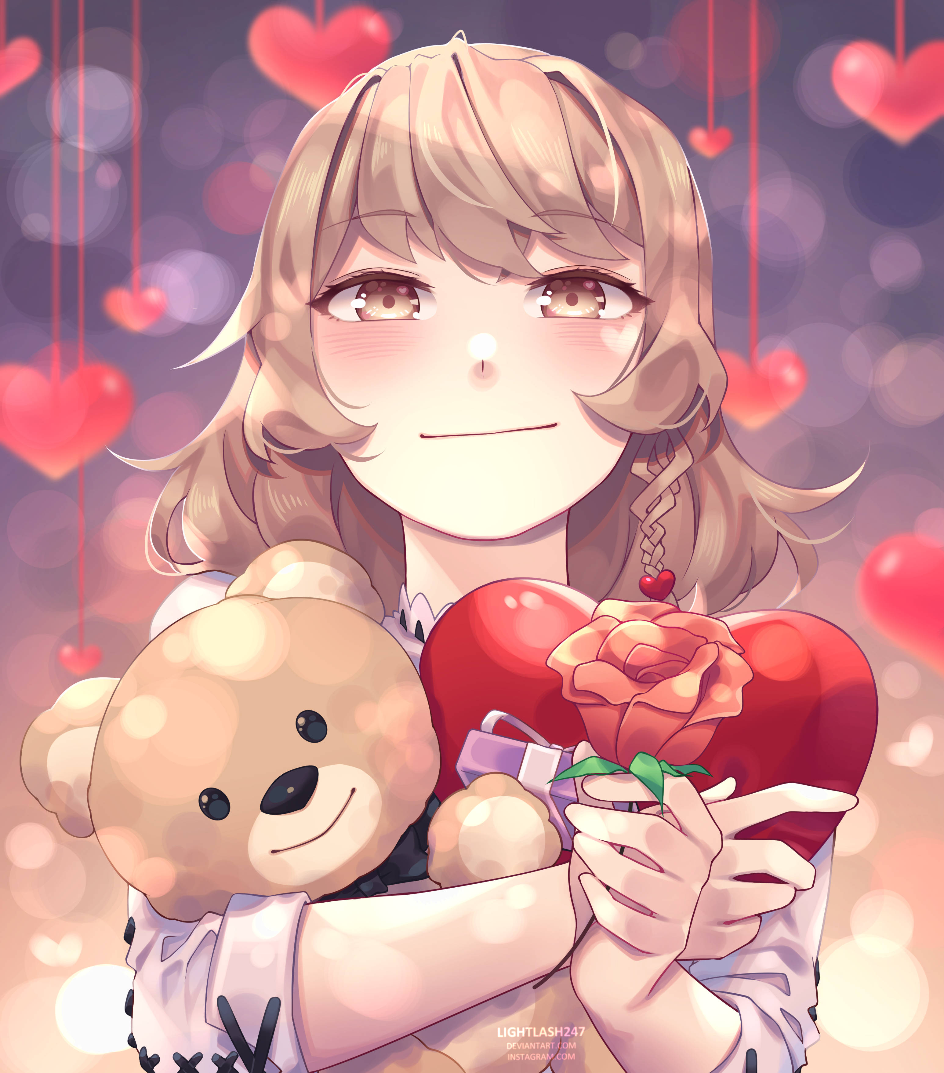 Animated 桌布 壁紙 — 一個開心的金髮動漫女孩，在漂浮的紅色愛心背景下，抱著一個泰迪熊和一朵玫瑰在一個愛心盒子裡。