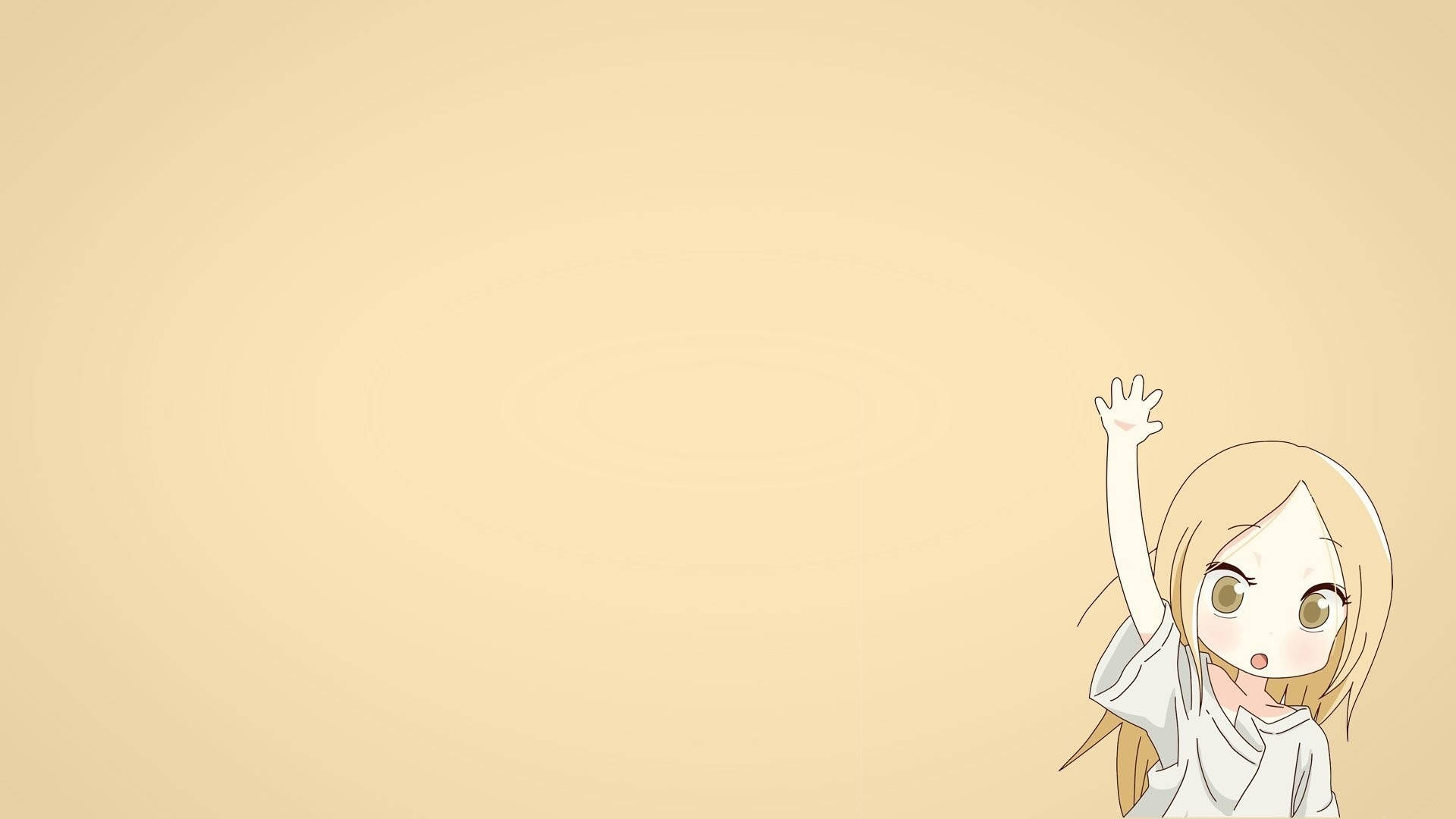 動漫女孩 桌布 壁紙 — 一個開心的金髮動漫女孩在角落對著純米色背景揮手。