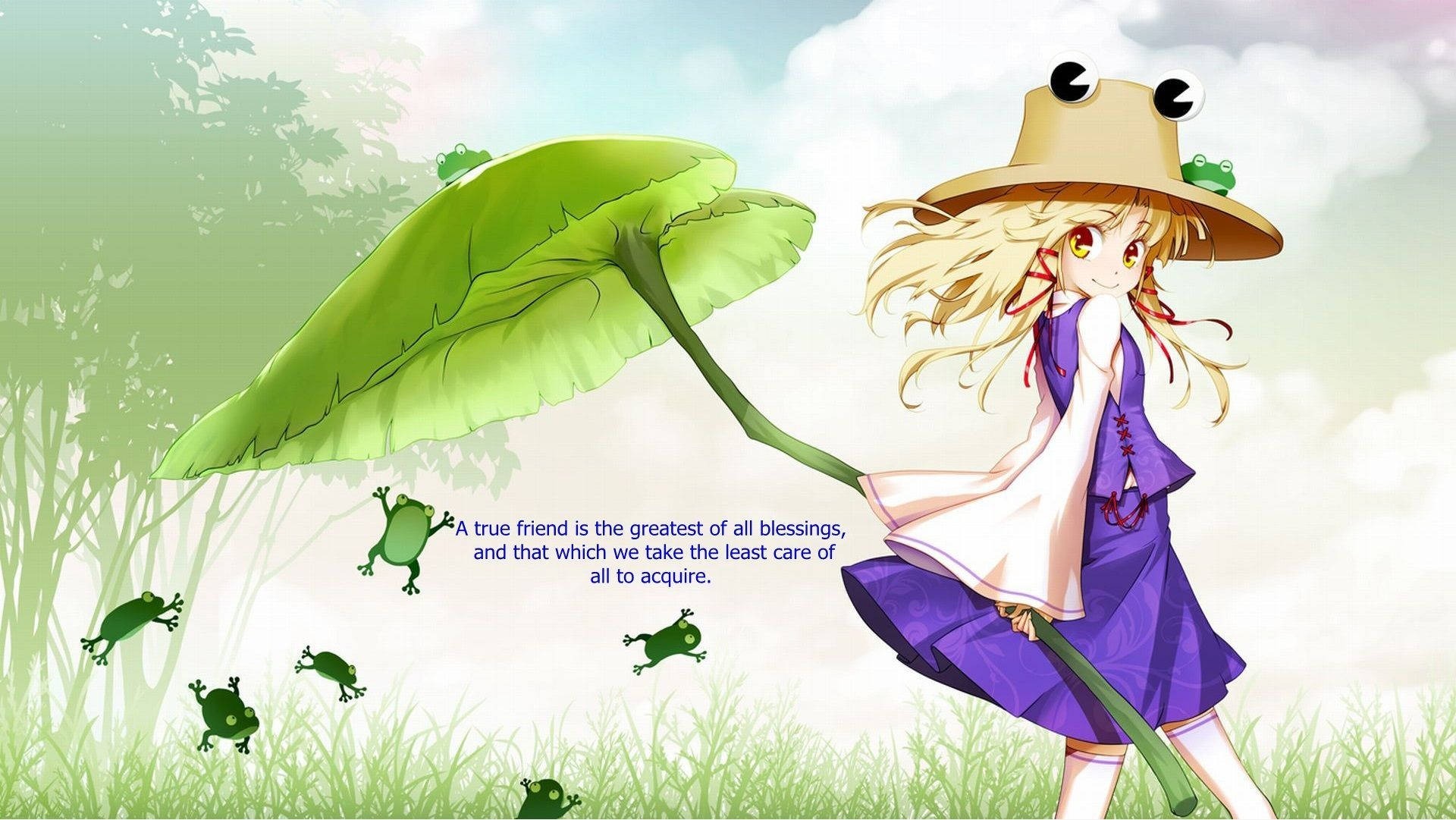 Friendship Quotes 桌布 壁紙 — 一個開心的金髮動漫女孩在陽光明媚的草地上，拿著一片巨大的綠色荷葉，周圍有小青蛙跳來跳去。